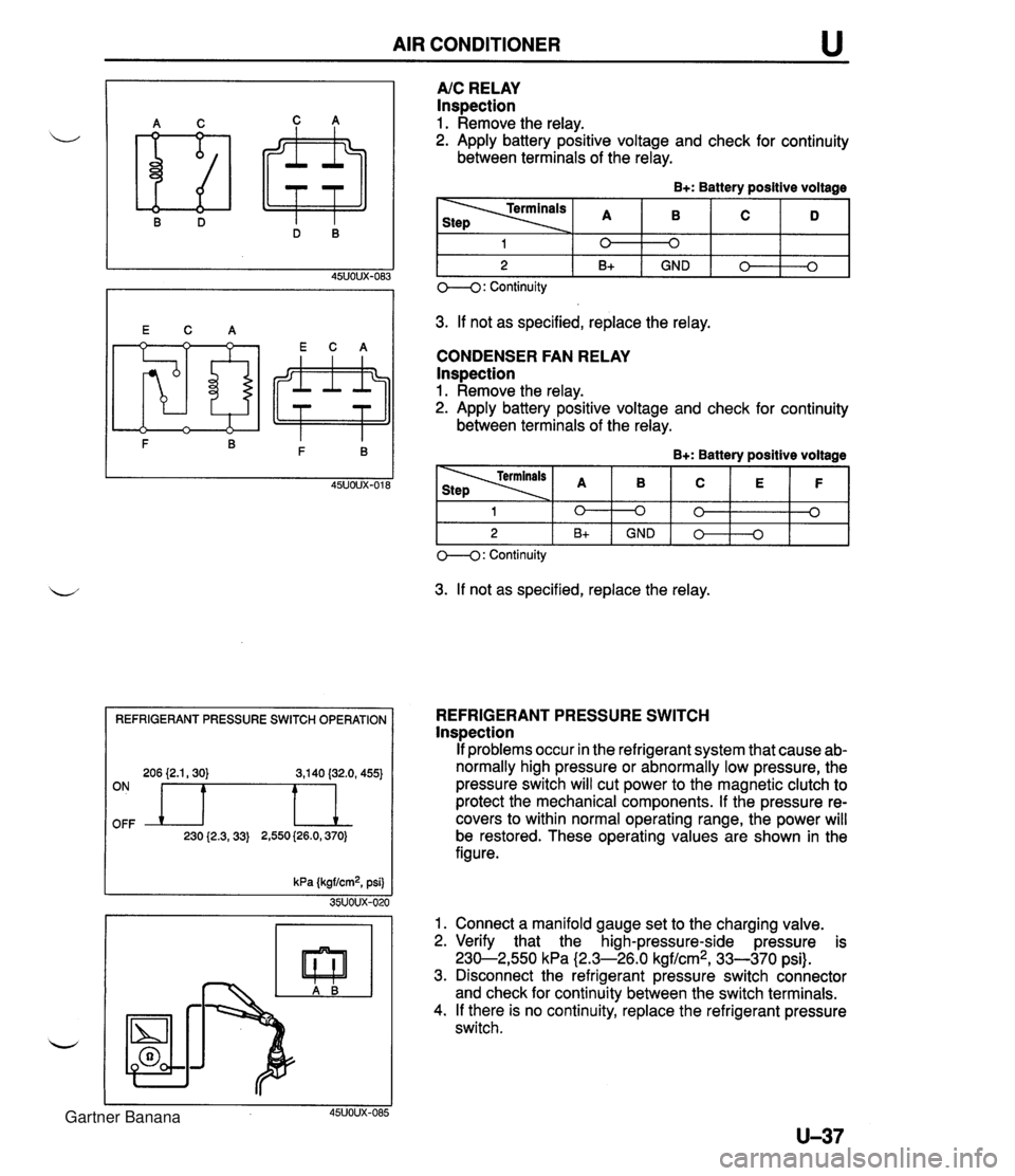 MAZDA MX-5 1994 Manual Online AIR CONDITIONER REFRIGERANT PRESSURE SWITCH OPERATION 206 {2.1,30) 3,140 (32.0, 455) OFF ON n 230 {2.3,33) 2,550 (26.0,370) A/C RELAY Inspection 1. Remove the relay. 2. Apply battery positive voltage MAZDA MX-5 1994 Manual Online AIR CONDITIONER REFRIGERANT PRESSURE SWITCH OPERATION 206 {2.1,30) 3,140 (32.0, 455) OFF ON n 230 {2.3,33) 2,550 (26.0,370) A/C RELAY Inspection 1. Remove the relay. 2. Apply battery positive voltage