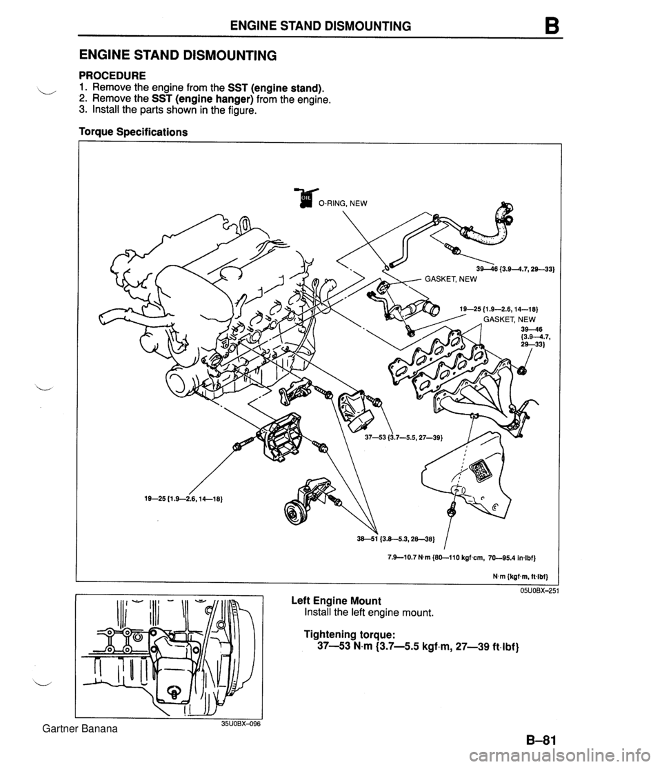 MAZDA MX-5 1994  Workshop Manual ENGINE STAND DISMOUNTING B ENGINE STAND DISMOUNTING PROCEDURE i_/ 1. Remove the engine from the SST (engine stand). 2. Remove the SST (engine hanger) from the engine. 3. lnstall the parts shown in the