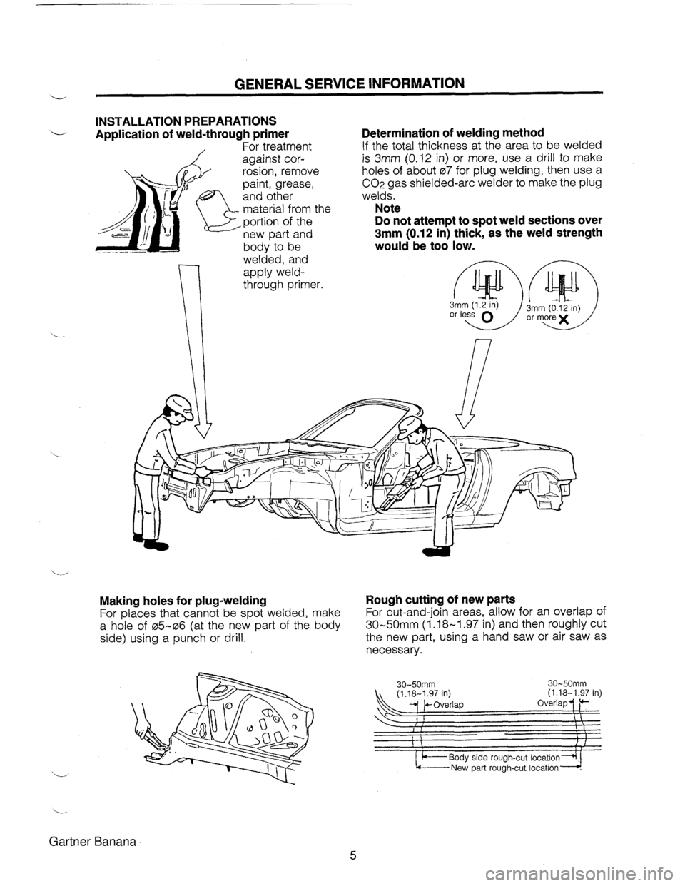 MAZDA MX-5 1994 Workshop Manual u GENERAL SERVICE INFORMATION INSTALLATION PREPARATIONS Application of weld-through primer 1 For treatment against cor- rosion, remove paint, grease, and other material from tl ,portion of the new par MAZDA MX-5 1994 Workshop Manual u GENERAL SERVICE INFORMATION INSTALLATION PREPARATIONS Application of weld-through primer 1 For treatment against cor- rosion, remove paint, grease, and other material from tl ,portion of the new par