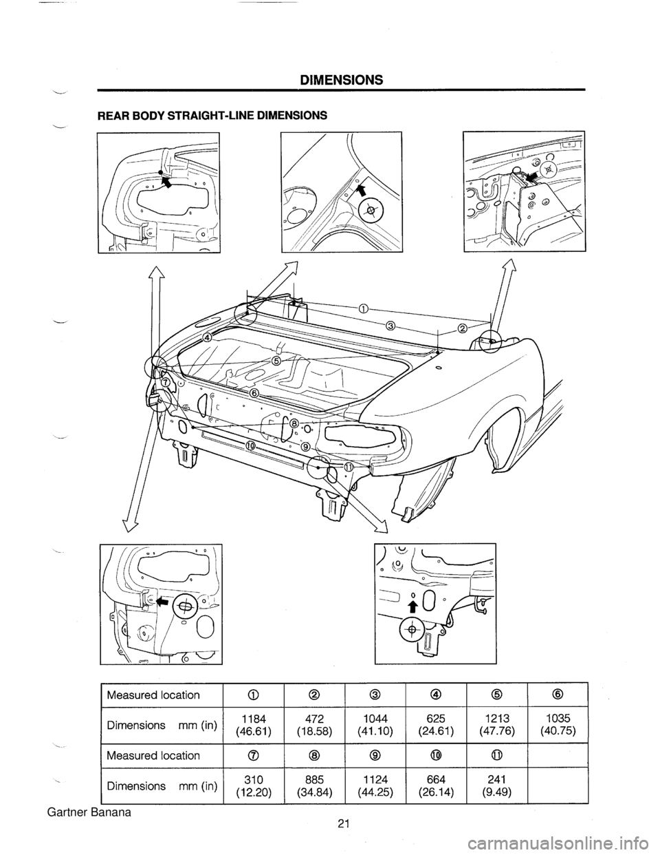 MAZDA MX-5 1994  Workshop Manual - DIMENSIONS REAR BODY STRAIGHT-LINE DIMENSIONS Measured location Dimensions  mm (in) Measured location Dimensions  mm (in) 0 1184 (46.61) 0 31 0 (12.20) 0 472 (18.58) @ 885 (34.84) 0 1044 (41.10) @ 1