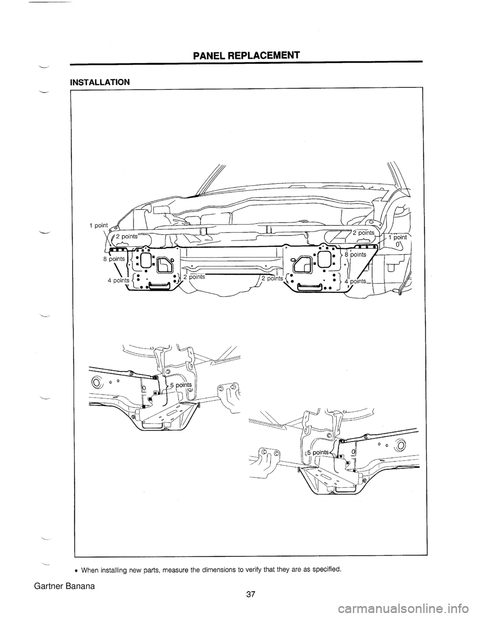 MAZDA MX-5 1994  Workshop Manual L PANEL REPLACEMENT INSTALLATION 0 When installing new parts, measure the dimensions to verify that they are as specified. 37   Gartner Banana  