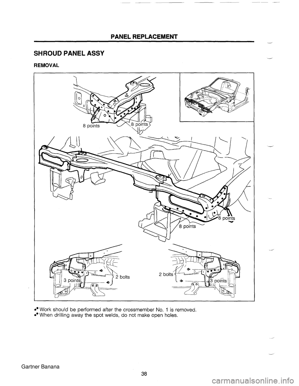 MAZDA MX-5 1994  Workshop Manual PANEL REPLACEMENT - SHROUD PANEL ASSY REMOVAL Work should be performed after the crossmember No. 1 is removed. When drilling  away the spot welds, do not make open holes.   Gartner Banana  