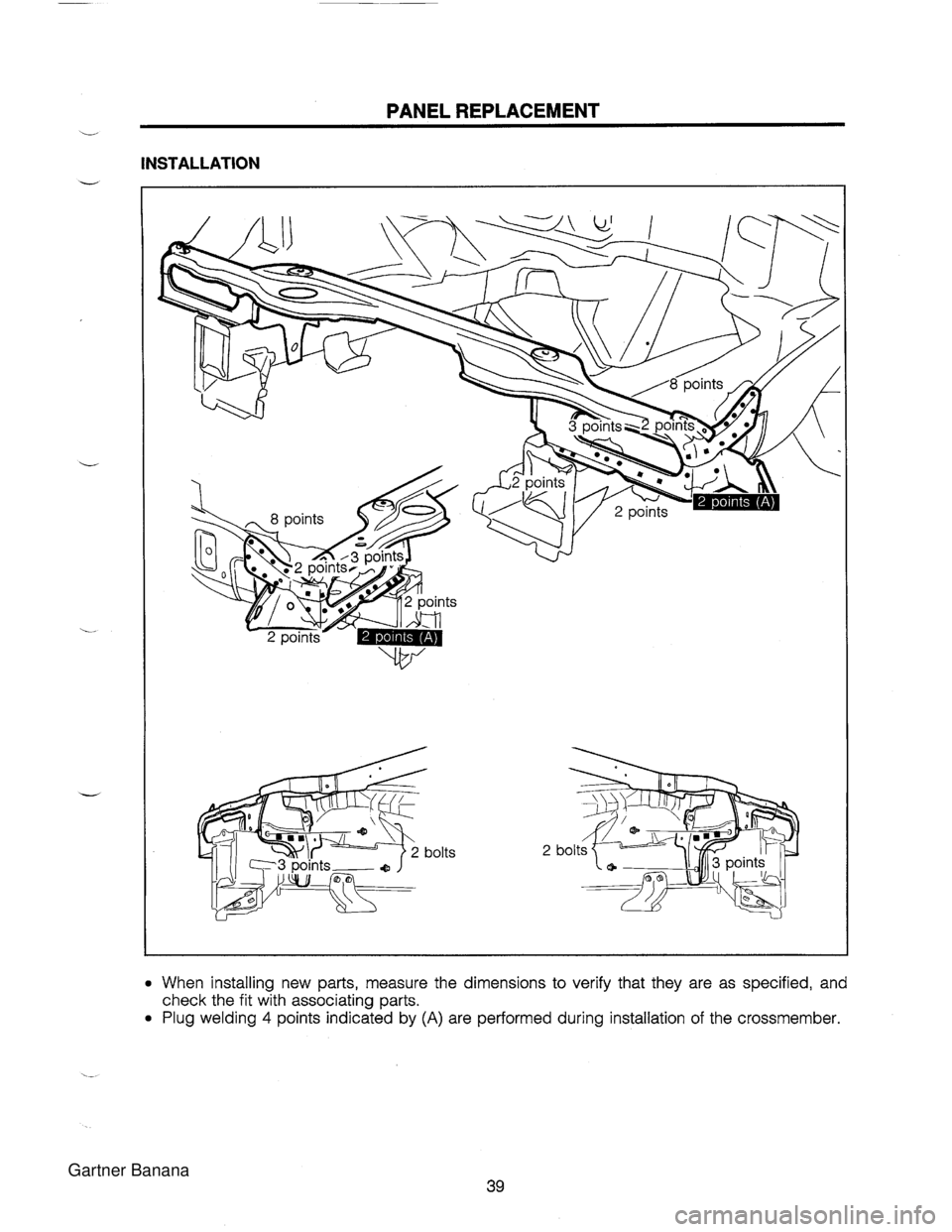 MAZDA MX-5 1994  Workshop Manual PANEL REPLACEMENT - INSTALLATION When installing new parts, measure the dimensions to  verify  that they are as specified, and check the fit with associating parts. Plug welding 4 points indicated by 