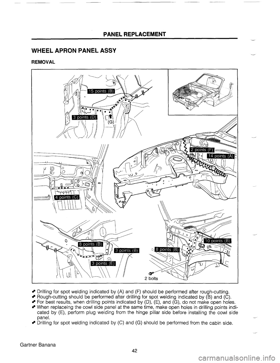 MAZDA MX-5 1994  Workshop Manual PANEL REPLACEMENT WHEEL APRON PANEL ASSY REMOVAL Drilling for spot welding indicated by (A) and (F) should be performed after rough-cutting. Rough-cutting should be performed after drilling for spot w