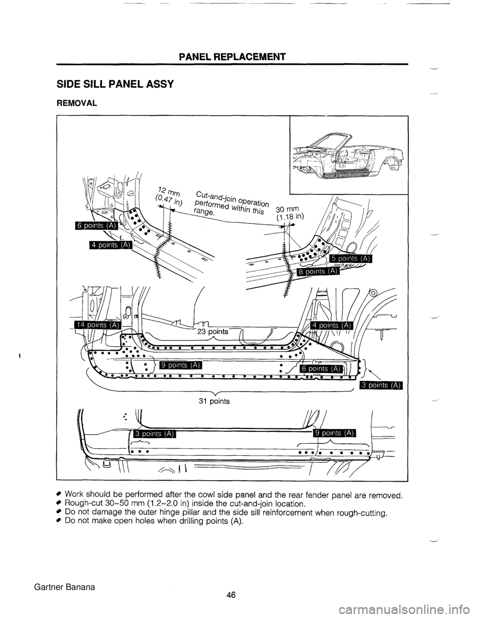 MAZDA MX-5 1994  Workshop Manual PANEL REPLACEMENT SIDE SILL PANEL ASSY REMOVAL I 31 points Work should be performed after the cowl side panel and the rear fender panel are removed. Rough-cut 30-50 mm (1.2-2.0 in) inside the cut-and-