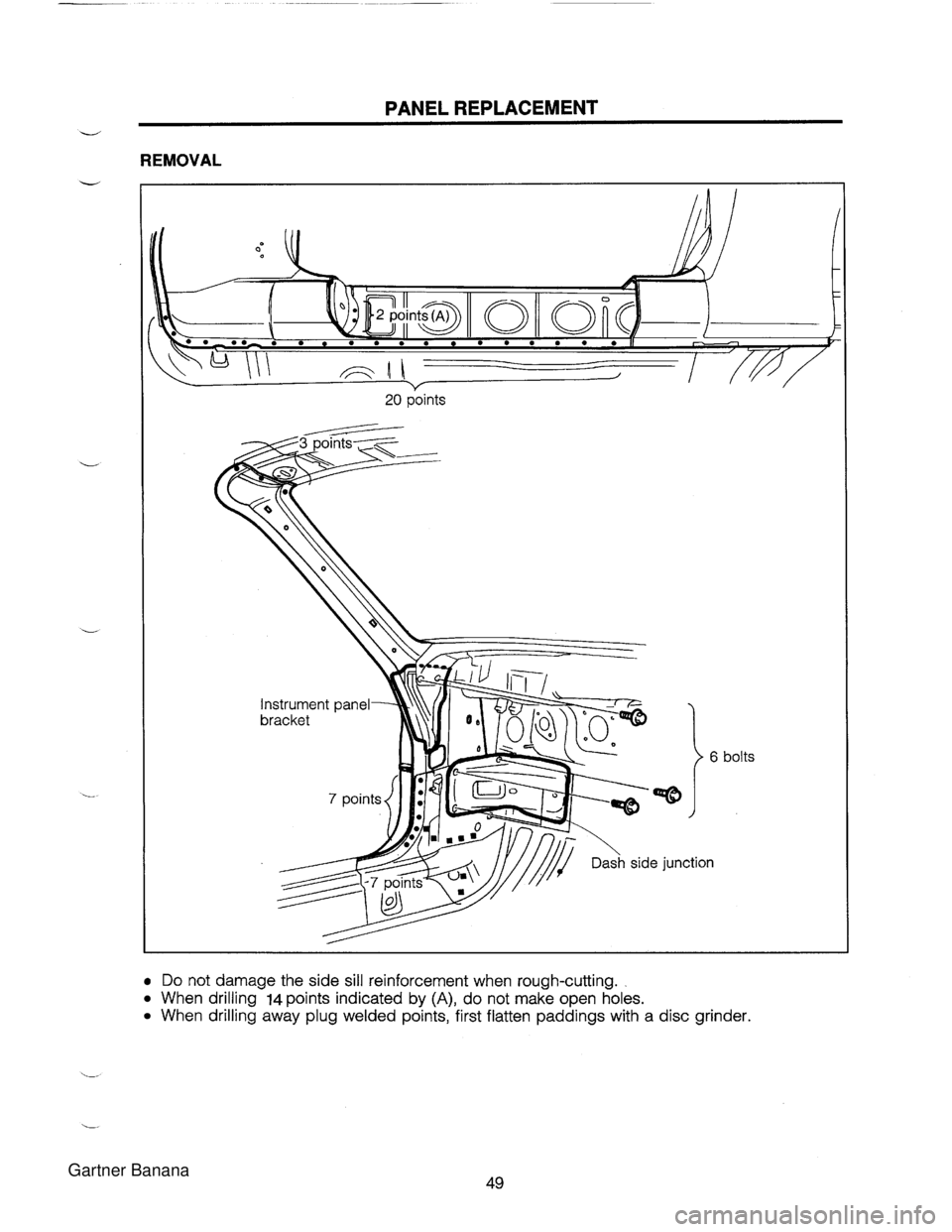 MAZDA MX-5 1994  Workshop Manual PANEL REPLACEMENT V REMOVAL =@ Dash side junction bolts Do not damage the side sill  reinforcement when rough-cutting. When drilling 14 points indicated by (A), do not make open holes. When drilling a