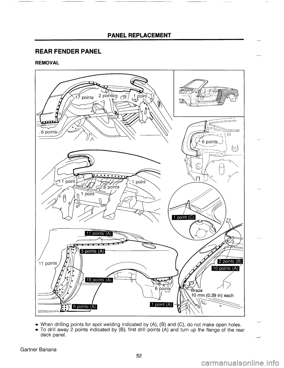 MAZDA MX-5 1994  Workshop Manual PANEL REPLACEMENT - REAR FENDER PANEL REMOVAL When drilling points for spot welding indicated by (A), (B) and (C), do not  make open holes. To drill away 2 points indicated by (B), first drill points 