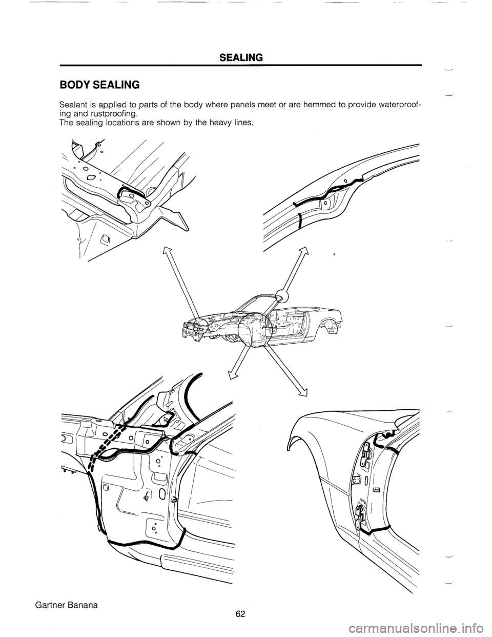 MAZDA MX-5 1994  Workshop Manual SEALING BODY SEALING Sealant is applied to parts of the body where panels meet or are hemmed to provide waterproof- ing and  rustproofing. The sealing  locations are shown by the heavy lines.   Gartne