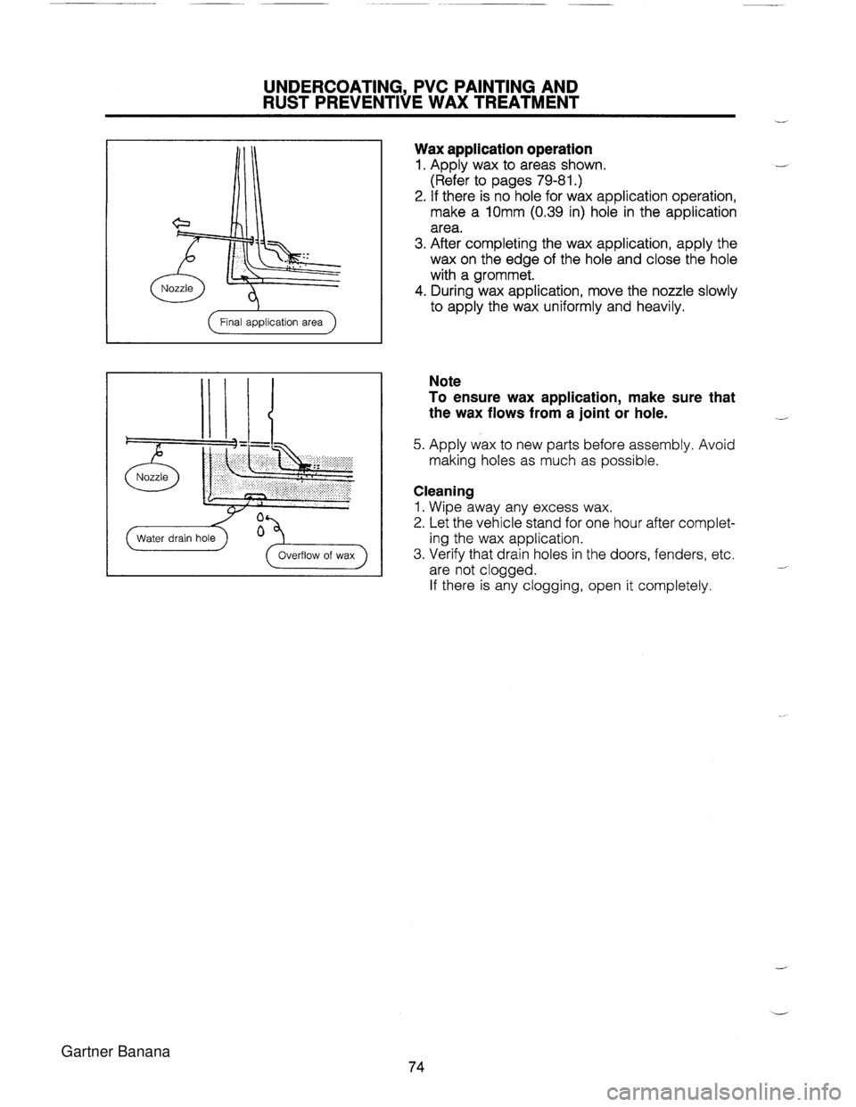 MAZDA MX-5 1994  Workshop Manual UNDERCOATING, PVC PAINTING AND RUST PREVENTIVE WAX TREATMENT ( Final application area ) I I &qc=+ / ., Water dram hole Wax application operation 1. Apply wax to areas shown. - (Refer to  pages 79-81 .