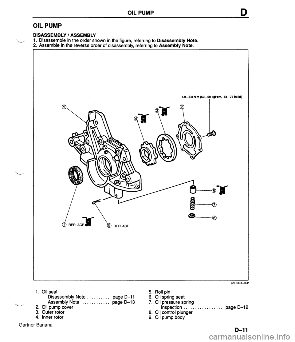 MAZDA MX-5 1994 Manual PDF OIL PUMP D OIL PUMP DISASSEMBLY 1 ASSEMBLY 1. Disassemble in the order shown in the figure, referring to Disassembly Note. 2. Assemble in the reverse order of disassembly, referring to Assembly Note. MAZDA MX-5 1994 Manual PDF OIL PUMP D OIL PUMP DISASSEMBLY 1 ASSEMBLY 1. Disassemble in the order shown in the figure, referring to Disassembly Note. 2. Assemble in the reverse order of disassembly, referring to Assembly Note.