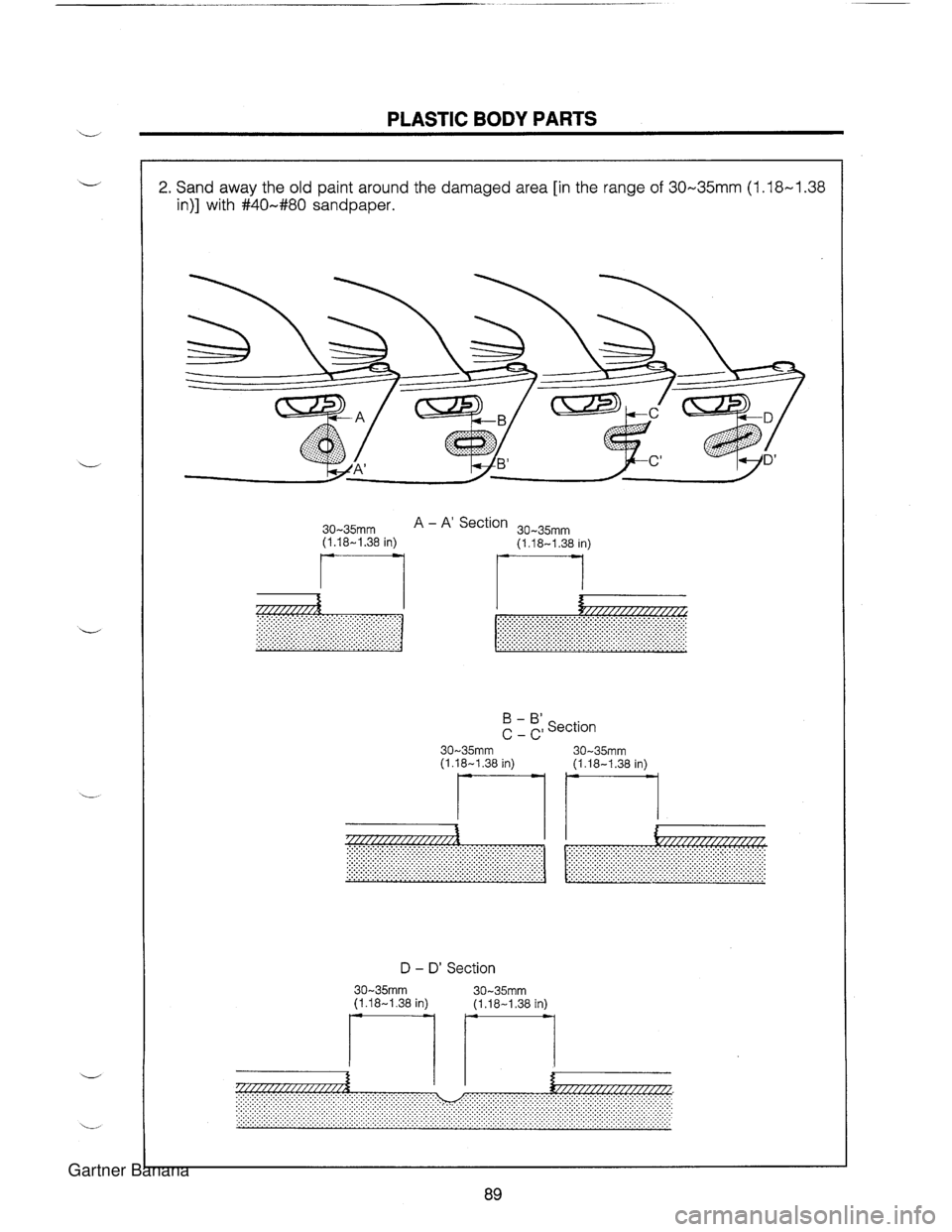MAZDA MX-5 1994  Workshop Manual L PLASTIC BODY PARTS 2. Sand away the old paint around the damaged area [in the range of 30-35mm  (1.18-1.38 in)] with #40-#80 sandpaper. 30-35mti-l A - * Section 30-35mm (1.18-1.38 in) (1.18-1.38 in