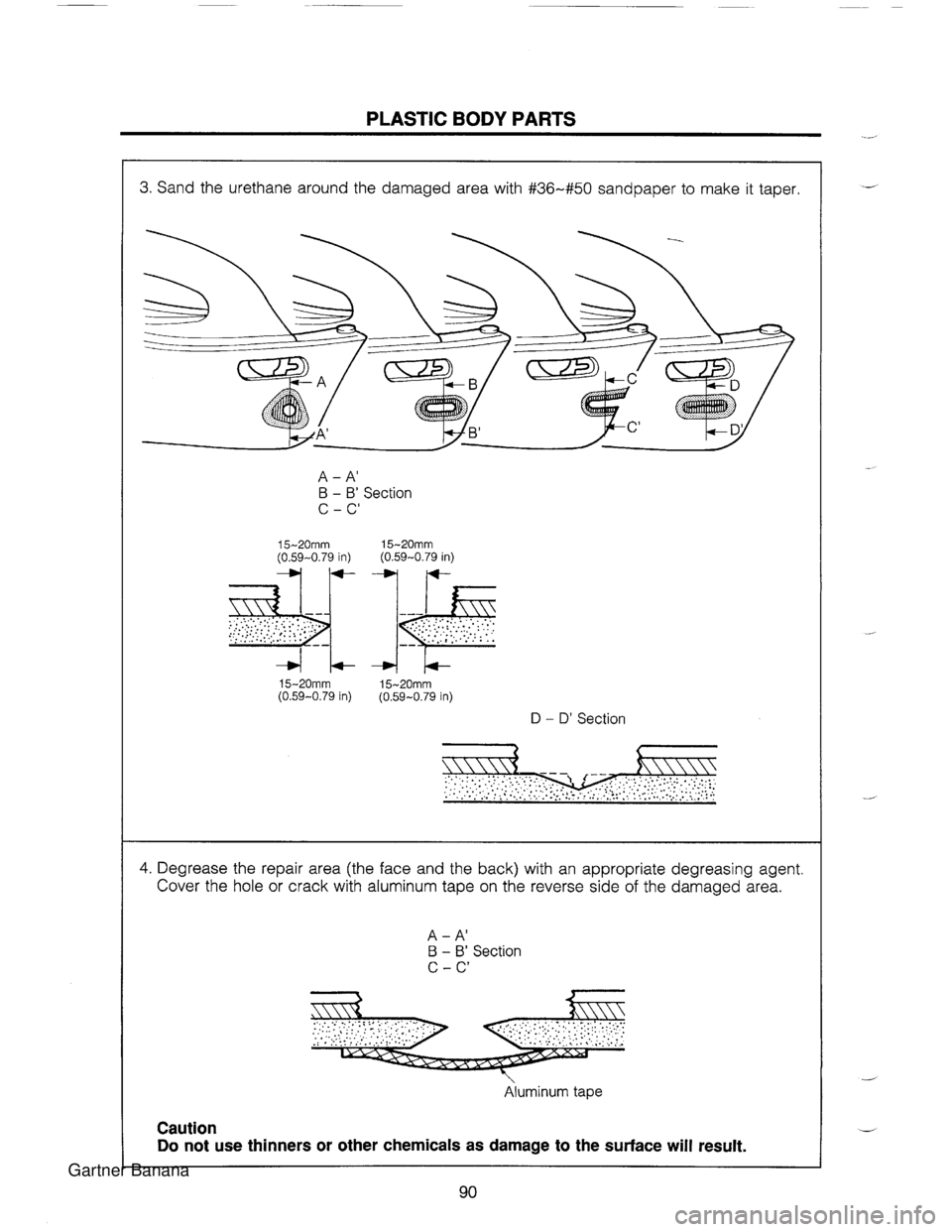MAZDA MX-5 1994 Workshop Manual PLASTIC BODY PARTS 3. Sand the urethane around the damaged area with #36-#50 sandpaper to make it taper. A - A B - B Section C - C 15-20mm (0.59-0.79 in) ............... 15-20mm (0.59-0.79 in) 15 MAZDA MX-5 1994 Workshop Manual PLASTIC BODY PARTS 3. Sand the urethane around the damaged area with #36-#50 sandpaper to make it taper. A - A B - B Section C - C 15-20mm (0.59-0.79 in) ............... 15-20mm (0.59-0.79 in) 15