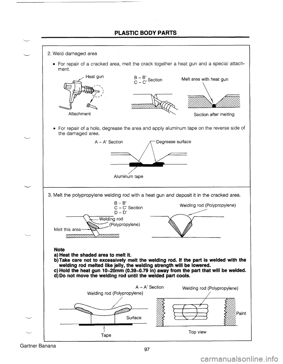 MAZDA MX-5 1994 Workshop Manual PLASTIC BODY PARTS 2. Weld damaged area For repair of a cracked area, melt the crack together a heat gun and a special attach- ment. - B section Melt area with heat gun C - C Attachment Section MAZDA MX-5 1994 Workshop Manual PLASTIC BODY PARTS 2. Weld damaged area For repair of a cracked area, melt the crack together a heat gun and a special attach- ment. - B section Melt area with heat gun C - C Attachment Section