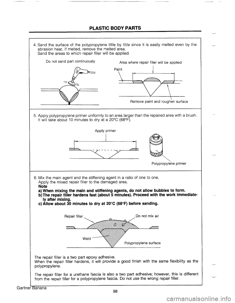 MAZDA MX-5 1994  Workshop Manual PLASTIC BODY PARTS 4. Sand the  surface of the  polypropylene little by  little since it is easily melted even by the abrasion heat. If melted, remove the melted area. Sand the areas to which  repair 