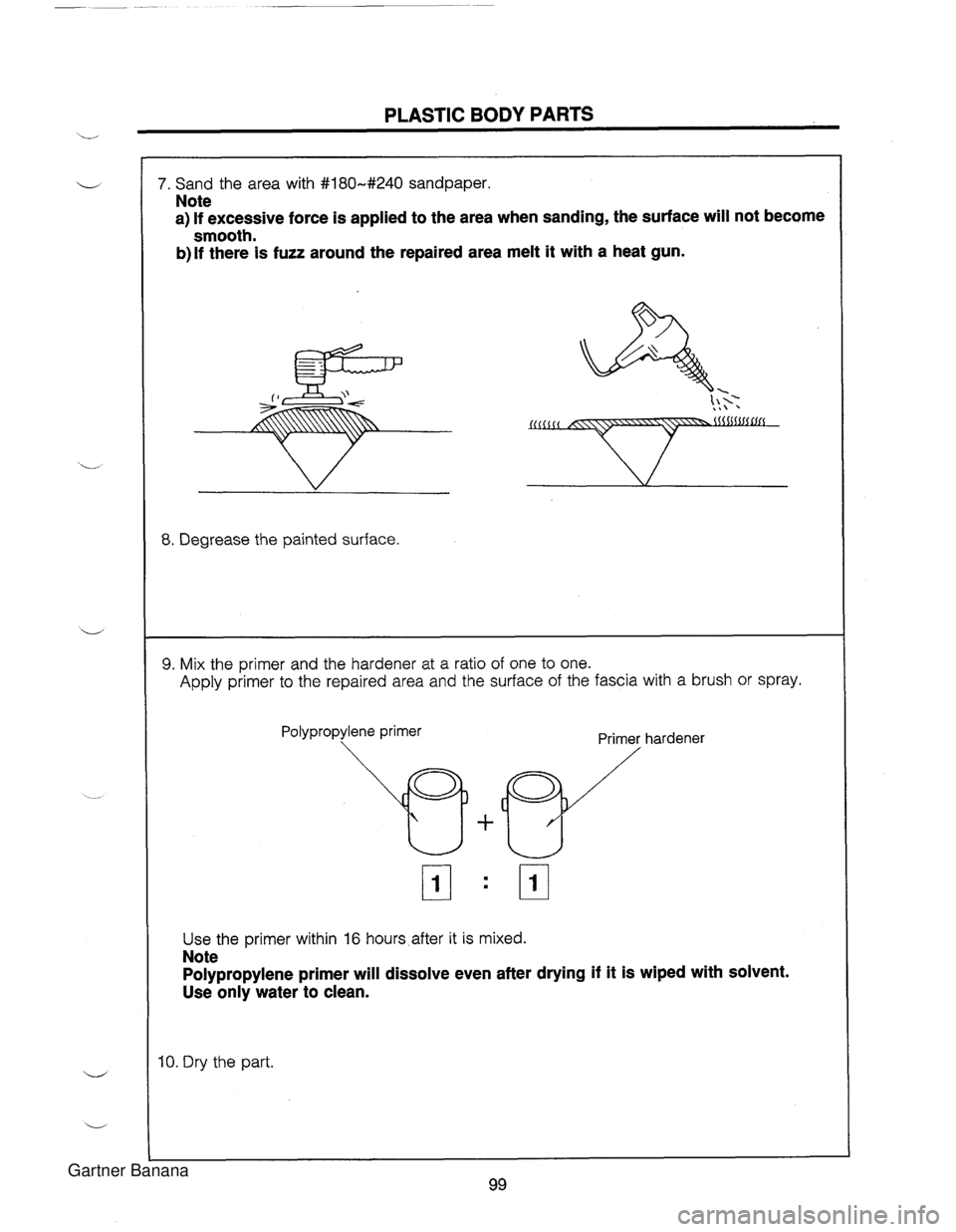 MAZDA MX-5 1994  Workshop Manual PLASTIC BODY PARTS 7. Sand  the area with #180-#240 sandpaper. .  . Note a) If excessive force is applied to the area when sanding, the surface will not become smooth. b)lf there is fuzz around the re