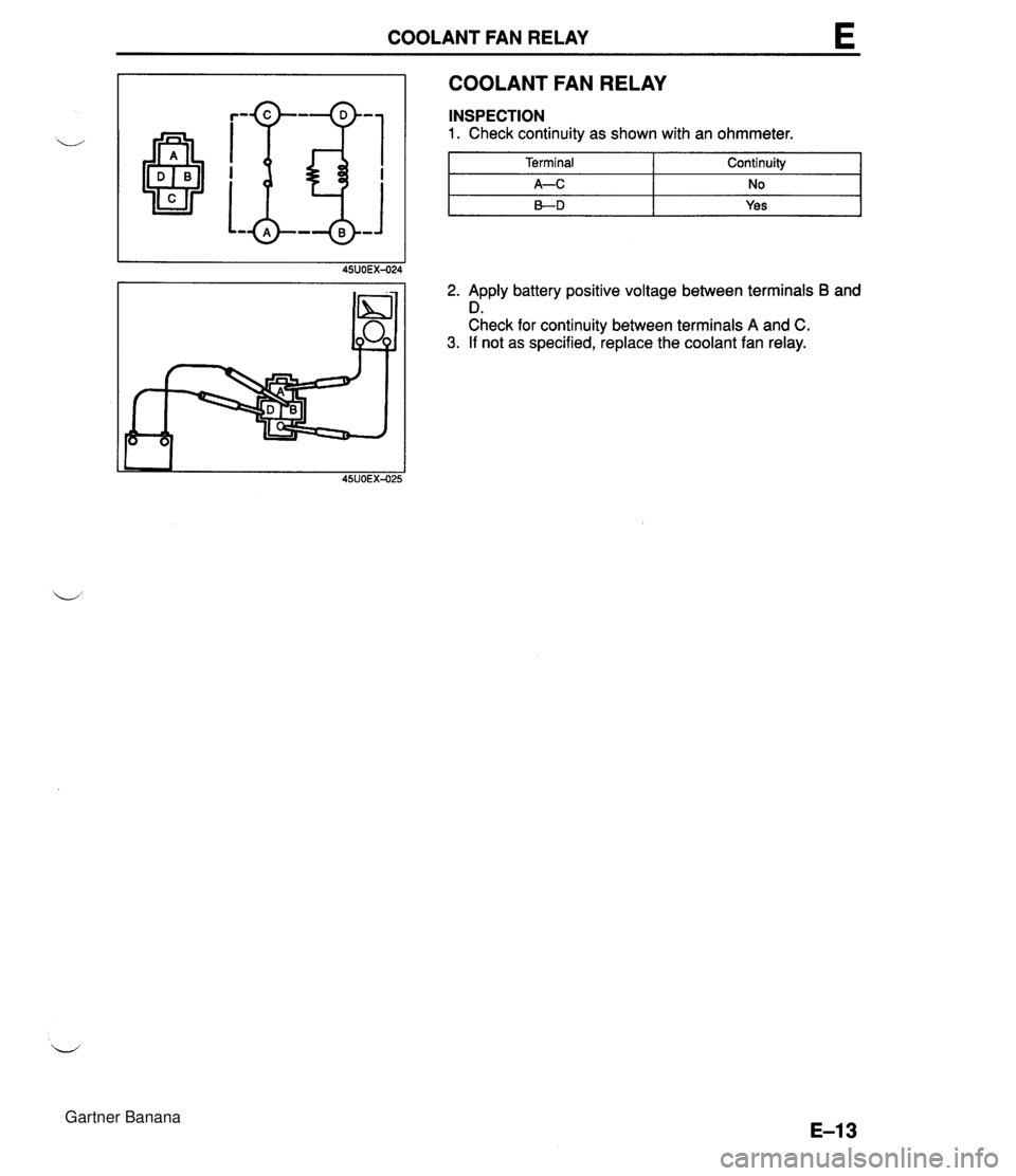 MAZDA MX-5 1994  Workshop Manual COOLANT FAN RELAY COOLANT FAN RELAY 2. Apply battery positive voltage between terminals B and D. Check for continuity between terminals A and C. 3. If not as specified, replace the coolant fan relay. 