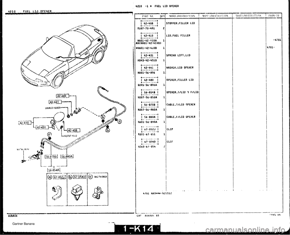 MAZDA MX-5 1994  Workshop Manual 4210 -1 * FUEL LID OPENER STOPPER ,FILLER LID LID,FUEL FILLER +.... em... I 42-480 +..,--. .--- BOY 5-56-8398   Gartner Banana  