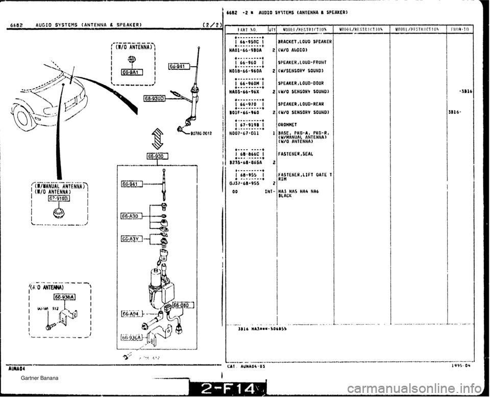 MAZDA MX-5 1994  Workshop Manual 1682 2 AUDZO SV3tEHS (ANTENNA 6 SBEWER) 6682 AUGlO SYSTEMS (ANTENNA 6 SP6AKER) ( 2/2 BRACKET ,LOUD SPEAKER (W/O AbDIO) SPEAKER, 10UDnFRUNF (UISEHSOW SOUND) SPEAKER , LOUD-REAR (U/O SENSORV SOUHD) PAST
