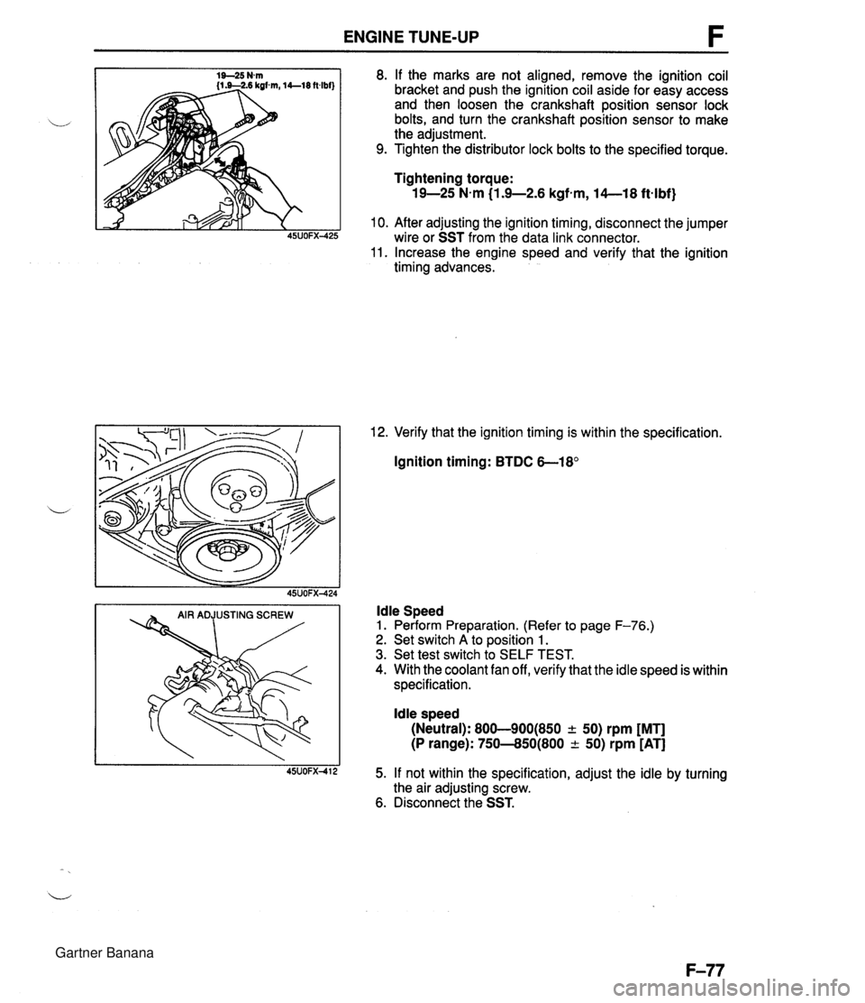 MAZDA MX-5 1994 Service Manual ENGINE TUNE-UP 8. If the marks are not aligned, remove the ignition coil bracket and push the ignition coil aside for easy access and then loosen the crankshaft position sensor lock bolts, and turn th MAZDA MX-5 1994 Service Manual ENGINE TUNE-UP 8. If the marks are not aligned, remove the ignition coil bracket and push the ignition coil aside for easy access and then loosen the crankshaft position sensor lock bolts, and turn th