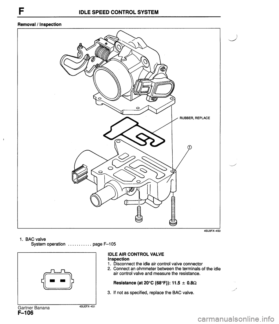 MAZDA MX-5 1994 Workshop Manual IDLE SPEED CONTROL SYSTEM Removal 1 Inspection / RUBBER, REPLACE 1. BAC valve System operation . . . . . . . . . . . page F-105 IDLE AIR CONTROL VALVE lnspection 1. Disconnect the idle air control val MAZDA MX-5 1994 Workshop Manual IDLE SPEED CONTROL SYSTEM Removal 1 Inspection / RUBBER, REPLACE 1. BAC valve System operation . . . . . . . . . . . page F-105 IDLE AIR CONTROL VALVE lnspection 1. Disconnect the idle air control val