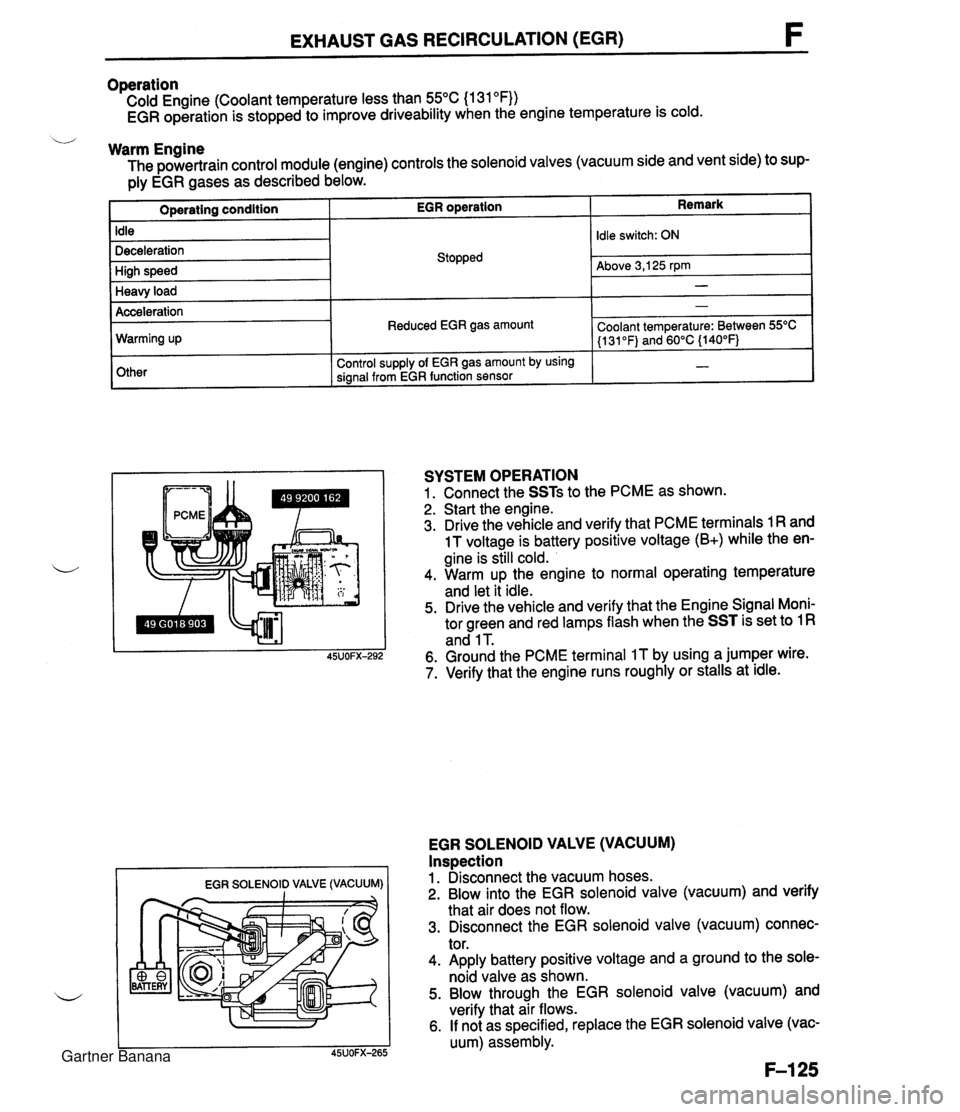 MAZDA MX-5 1994 Workshop Manual EXHAUST GAS RECIRCULATION (EGR) Operation Cold Engine (Coolant temperature less than 55°C (1 31 OF)) EGR operation is stopped to improve driveability when the engine temperature is cold. u Warm Engin MAZDA MX-5 1994 Workshop Manual EXHAUST GAS RECIRCULATION (EGR) Operation Cold Engine (Coolant temperature less than 55°C (1 31 OF)) EGR operation is stopped to improve driveability when the engine temperature is cold. u Warm Engin