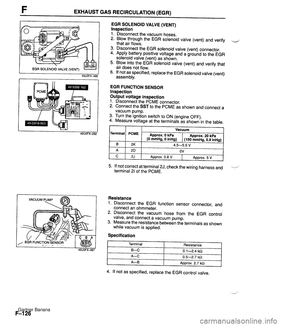 MAZDA MX-5 1994 Owners Manual F EXHAUST GAS RECIRCULATION (EGR) VACUUM PUMP EGR SOLENOID VALVE (VENT) lnspection 1. Disconnect the vacuum hoses. 2. Blow through the EGR solenoid valve (vent) and verify u that air flows. 3. Discon MAZDA MX-5 1994 Owners Manual F EXHAUST GAS RECIRCULATION (EGR) VACUUM PUMP EGR SOLENOID VALVE (VENT) lnspection 1. Disconnect the vacuum hoses. 2. Blow through the EGR solenoid valve (vent) and verify u that air flows. 3. Discon