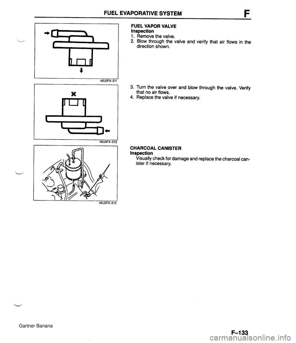 MAZDA MX-5 1994  Workshop Manual FUEL EVAPORATIVE SYSTEM FUEL VAPOR VALVE Inspection 1. Remove the valve. 2. Blow through the valve and verify that air flows in the direction shown. 3. Turn the valve over and blow through the valve. 