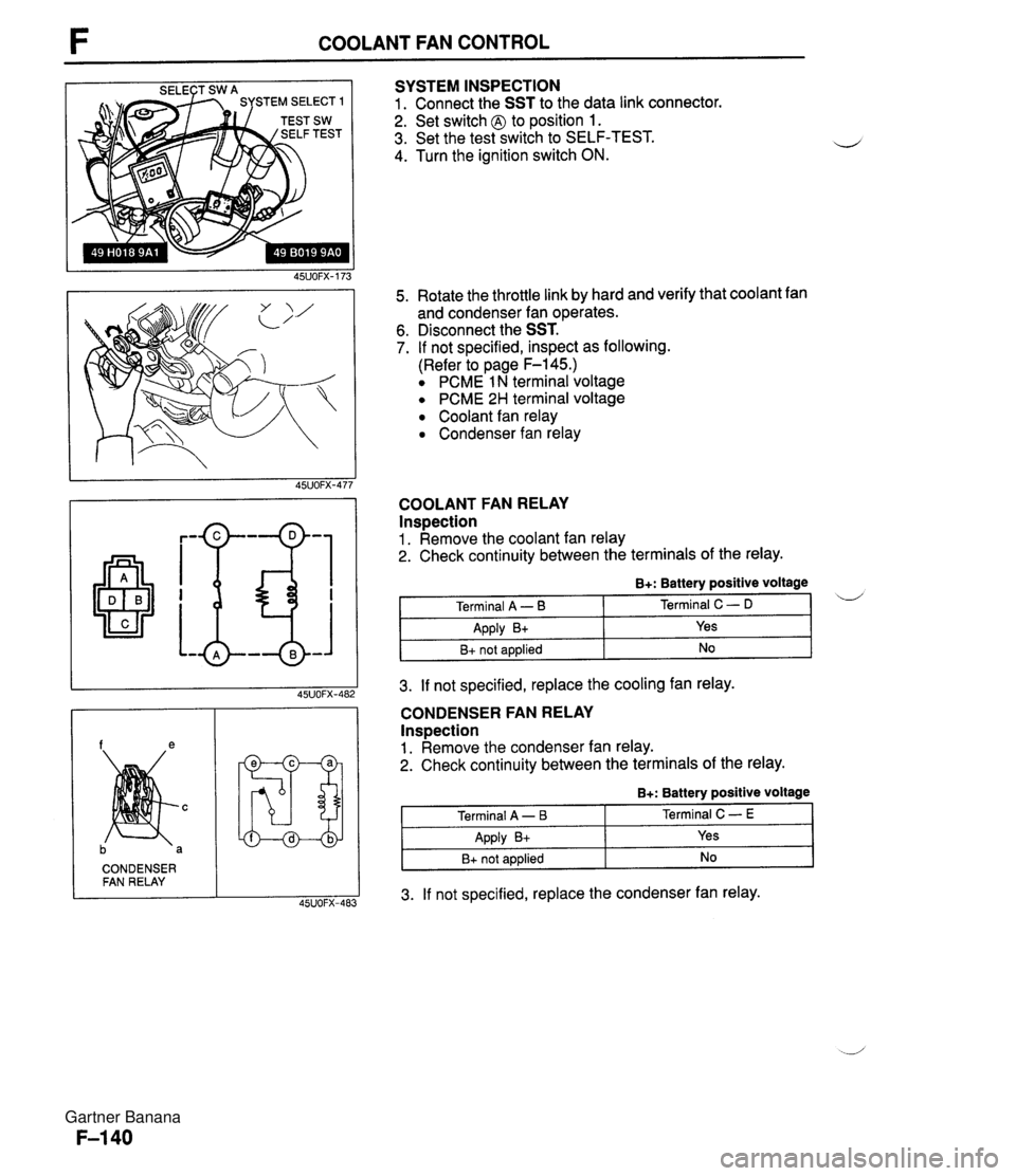 MAZDA MX-5 1994 Owners Guide COOLANT FAN CONTROL SYSTEM INSPECTION 1. Connect the SST to the data link connector. 2. Set switch @ to position 1. 3. Set the test switch to SELF-TEST. 4. Turn the ignition switch ON. 5. Rotate the t MAZDA MX-5 1994 Owners Guide COOLANT FAN CONTROL SYSTEM INSPECTION 1. Connect the SST to the data link connector. 2. Set switch @ to position 1. 3. Set the test switch to SELF-TEST. 4. Turn the ignition switch ON. 5. Rotate the t