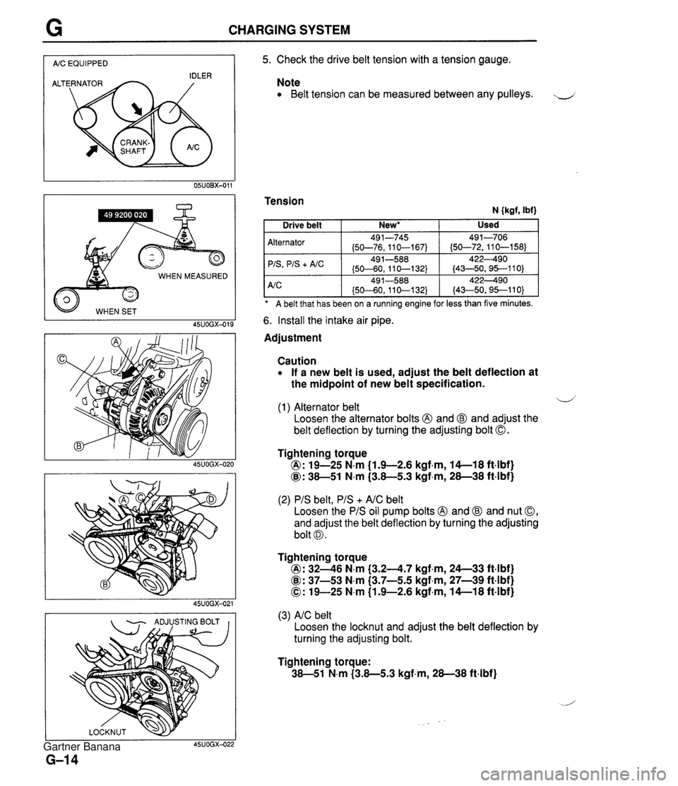 MAZDA MX-5 1994 Repair Manual CHARGING SYSTEM I AIC EQUIPPED I WHEN MEASURED 45UOGX-015 - ADJUSTING BOLT I I 5. Check the drive belt tension with a tension gauge. Note Belt tension can be measured between any pulleys. J Tension N MAZDA MX-5 1994 Repair Manual CHARGING SYSTEM I AIC EQUIPPED I WHEN MEASURED 45UOGX-015 - ADJUSTING BOLT I I 5. Check the drive belt tension with a tension gauge. Note Belt tension can be measured between any pulleys. J Tension N