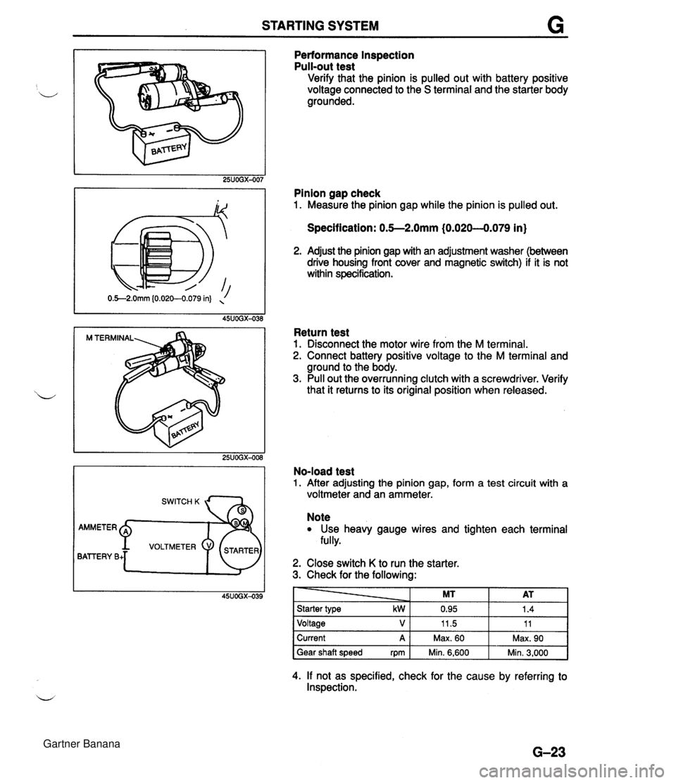 MAZDA MX-5 1994 Workshop Manual STARTING SYSTEM I 05-2.0mm {0.020-0.079 in) ( 45UOGX-038 BATTERY B+ Performance Inspection Pull-out test Verify that the pinion is pulled out with battery positive voltage connected to the S terminal MAZDA MX-5 1994 Workshop Manual STARTING SYSTEM I 05-2.0mm {0.020-0.079 in) ( 45UOGX-038 BATTERY B+ Performance Inspection Pull-out test Verify that the pinion is pulled out with battery positive voltage connected to the S terminal