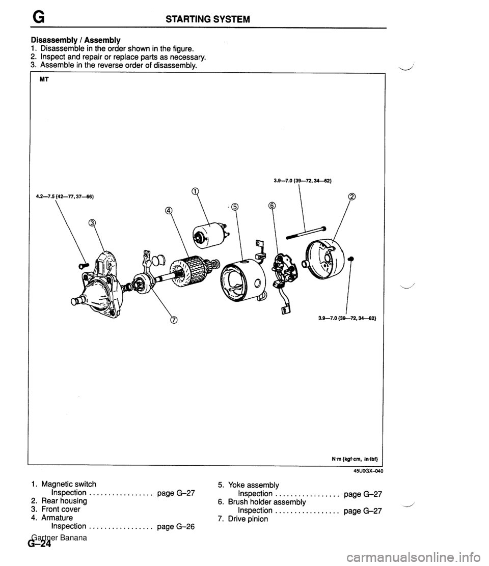 MAZDA MX-5 1994 Workshop Manual STARTING SYSTEM Disassembly / Assembly 1. Disassemble in the order shown in the figure. 2. Inspect and repair or replace parts as necessary. 3. Assemble in the reverse order of disassemblv. Nvn {kgfsc MAZDA MX-5 1994 Workshop Manual STARTING SYSTEM Disassembly / Assembly 1. Disassemble in the order shown in the figure. 2. Inspect and repair or replace parts as necessary. 3. Assemble in the reverse order of disassemblv. Nvn {kgfsc
