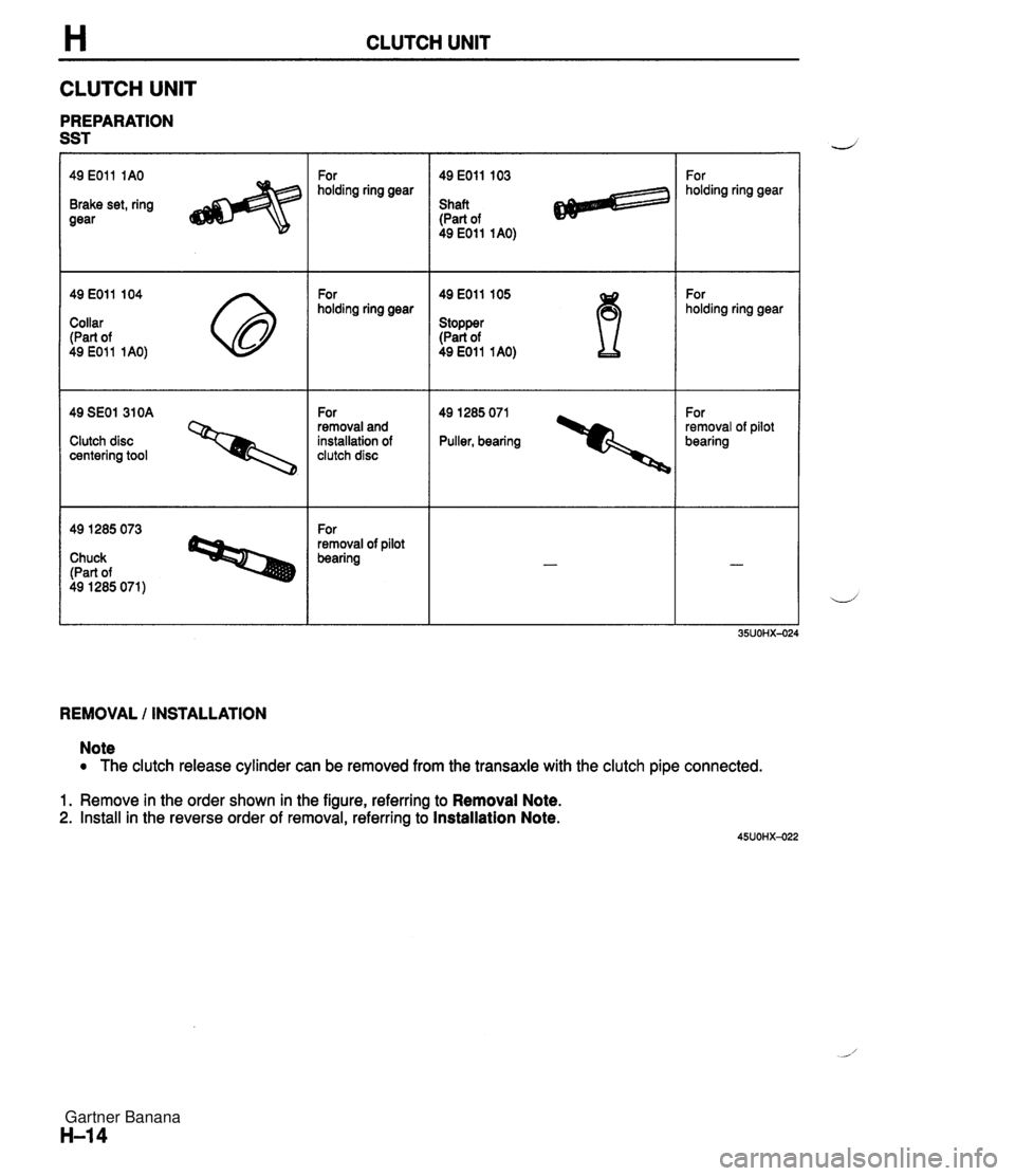 MAZDA MX-5 1994 Workshop Manual H CLUTCH UNIT CLUTCH UNlT PREPARATION SST 49 E011 1AO Brake set, ring gear 49 E011 104 Collar (Part of 49 EOll 1AO) 49 SEOl 310A 0 Clutch disc centering tool 49 1285 073 Chuck (Part of 49 1285 071) Fo MAZDA MX-5 1994 Workshop Manual H CLUTCH UNIT CLUTCH UNlT PREPARATION SST 49 E011 1AO Brake set, ring gear 49 E011 104 Collar (Part of 49 EOll 1AO) 49 SEOl 310A 0 Clutch disc centering tool 49 1285 073 Chuck (Part of 49 1285 071) Fo