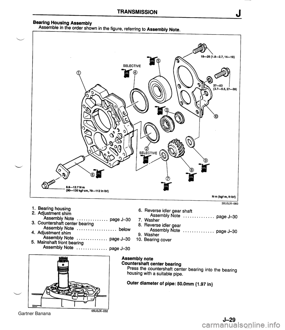 MAZDA MX-5 1994 Workshop Manual TRANSMISSION J Bearing Housina Assemblv ~ssemble in t6e order sh6wn in the figure, referring to Assembly Note. 1. Bearing housing 6. Reverse idler gear shaft 2. Adjustment shim Assembly Note ......... MAZDA MX-5 1994 Workshop Manual TRANSMISSION J Bearing Housina Assemblv ~ssemble in t6e order sh6wn in the figure, referring to Assembly Note. 1. Bearing housing 6. Reverse idler gear shaft 2. Adjustment shim Assembly Note .........