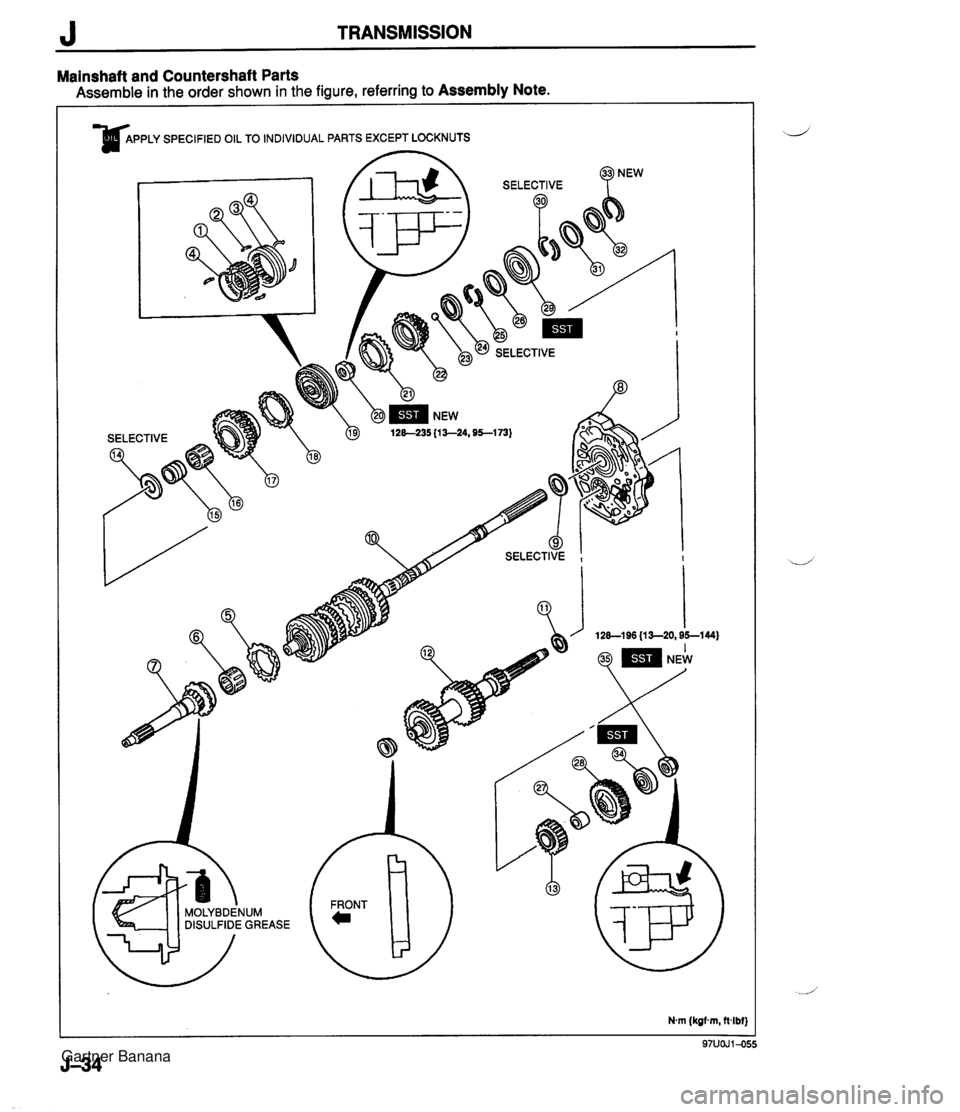 MAZDA MX-5 1994 Workshop Manual J TRANSMISSION Mainshaft and Countershaft Parts Assemble in the order shown in the figure, referring to Assembly Note. Gartner Banana MAZDA MX-5 1994 Workshop Manual J TRANSMISSION Mainshaft and Countershaft Parts Assemble in the order shown in the figure, referring to Assembly Note. Gartner Banana