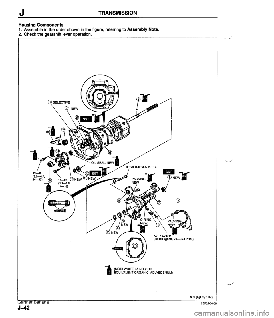 MAZDA MX-5 1994  Workshop Manual J TRANSMISSION Housing Components 1. Assemble in the order shown in the figure, referring to Assembly Note. 2. Check the gearshift lever operation. -  Gartner Banana  