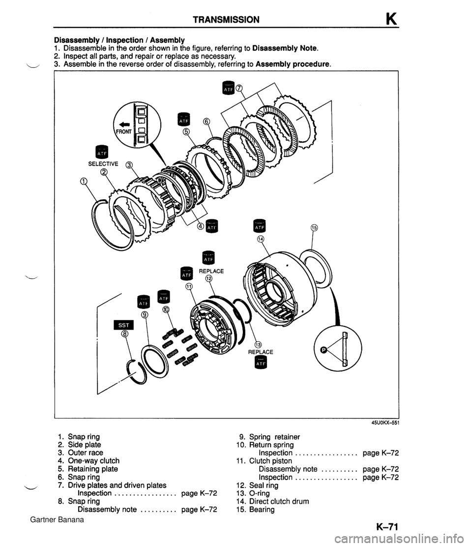 MAZDA MX-5 1994 Workshop Manual TRANSMISSION K Disassembly I Inspection I Assembly 1. Disassemble in the order shown in the figure, referring to Disassembly Note. 2. Inspect all parts, and repair or replace as necessary. 3. Assemble MAZDA MX-5 1994 Workshop Manual TRANSMISSION K Disassembly I Inspection I Assembly 1. Disassemble in the order shown in the figure, referring to Disassembly Note. 2. Inspect all parts, and repair or replace as necessary. 3. Assemble