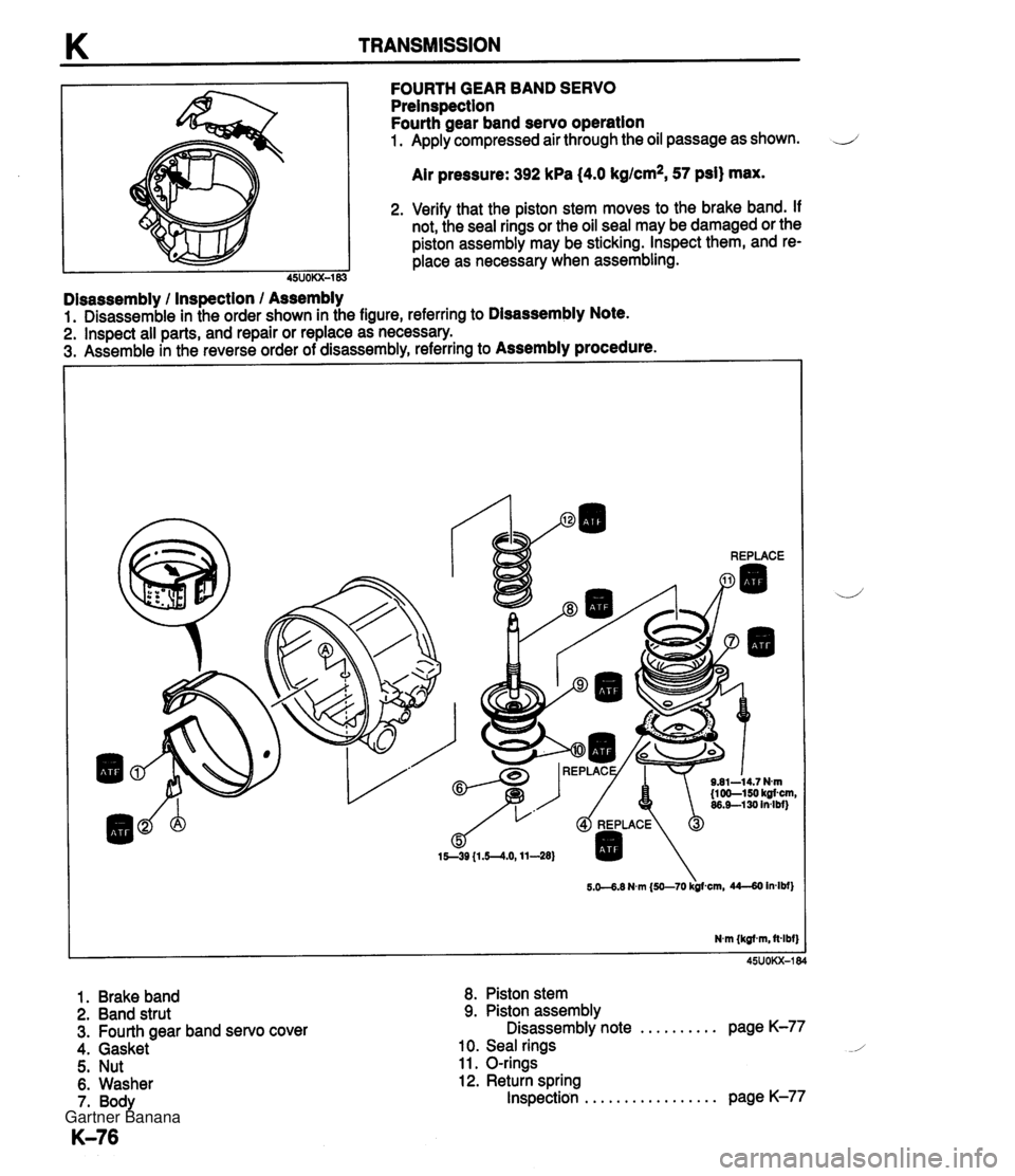 MAZDA MX-5 1994 Workshop Manual K TRANSMISSION FOURTH GEAR BAND SERVO Preinspection Fourth gear band servo operation 1. Apply compressed air through the oil passage as shown. .J Air pressure: 392 kPa (4.0 kg/cm2, 57 psi) max. 2. Ver MAZDA MX-5 1994 Workshop Manual K TRANSMISSION FOURTH GEAR BAND SERVO Preinspection Fourth gear band servo operation 1. Apply compressed air through the oil passage as shown. .J Air pressure: 392 kPa (4.0 kg/cm2, 57 psi) max. 2. Ver