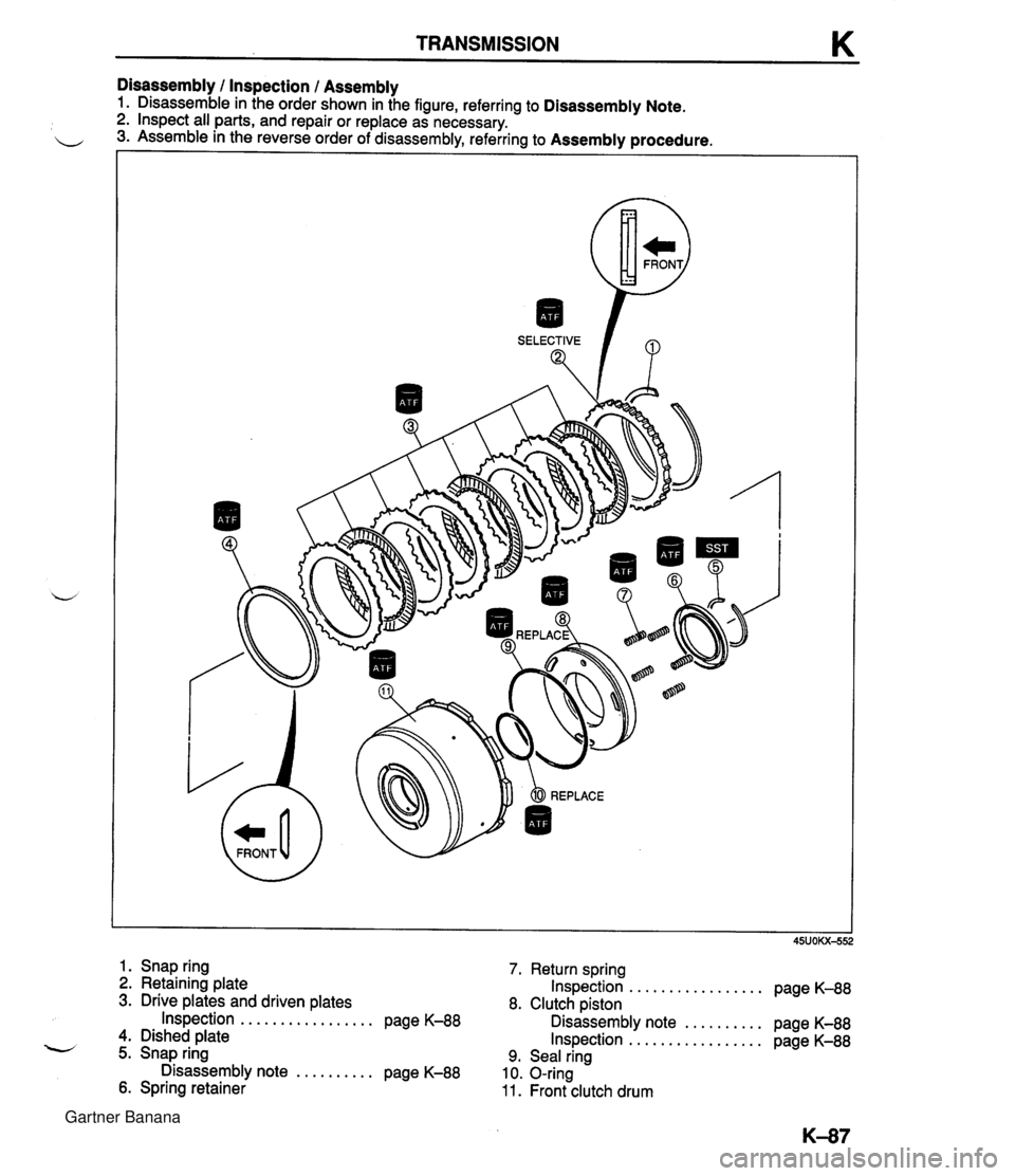 MAZDA MX-5 1994  Workshop Manual TRANSMISSION K Disassembly / Inspection / Assembly 1. Disassemble in the order shown in the figure, referring to Disassembly Note. 2. Inspect all parts, and repair or replace as necessary. 3. Assemble