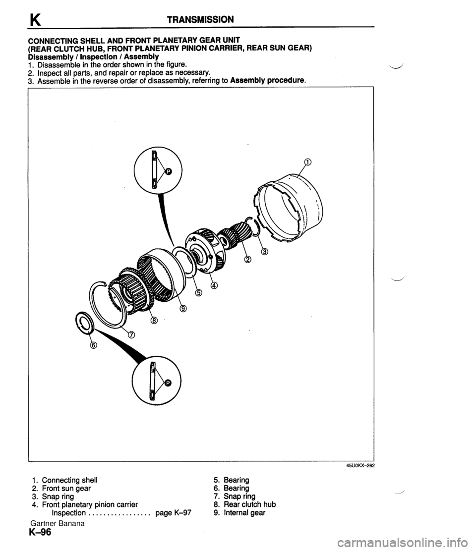 MAZDA MX-5 1994  Workshop Manual K TRANSMISSION CONNECTING SHELL AND FRONT PLANETARY GEAR UNIT (REAR CLUTCH HUB, FRONT PLANETARY PINION CARRIER, REAR SUN GEAR) Disassembly / Inspection / Assembly 1. Disassemble in the order shown in 