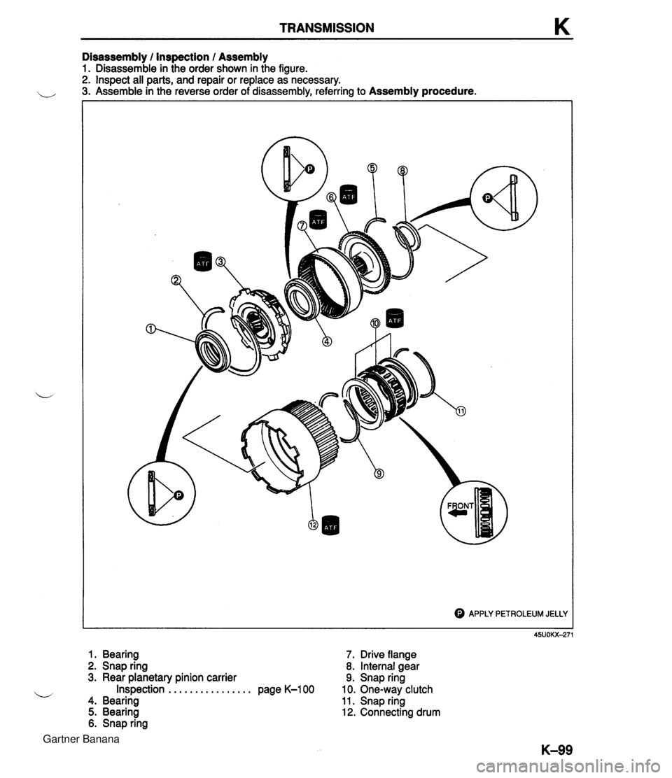 MAZDA MX-5 1994  Workshop Manual TRANSMISSION K Disassembly / Inspection / Assembly 1. Disassemble in the order shown in the figure. 2. Inspect all parts, and repair or replace as necessary. ,, 3. Assemble in the reverse order of dis