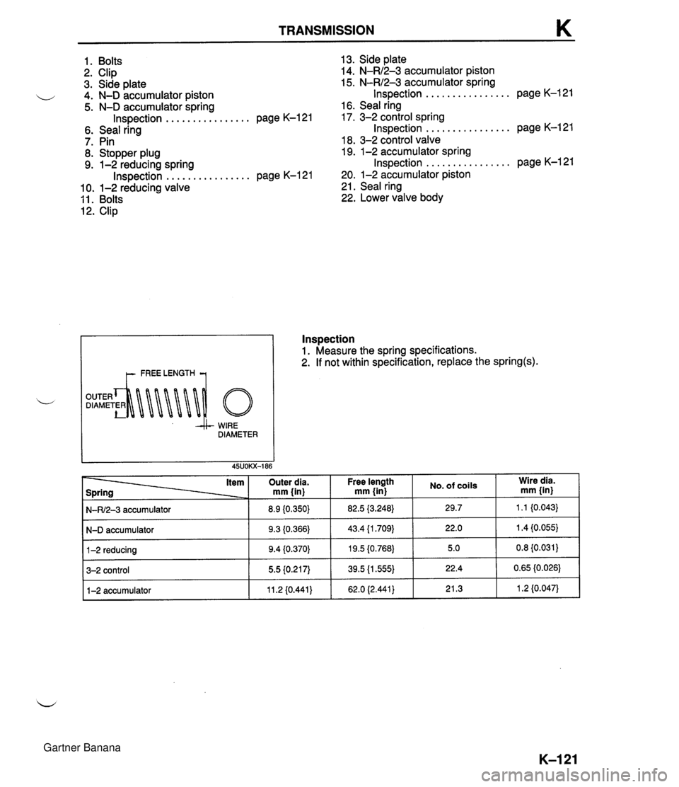 MAZDA MX-5 1994 Owners Manual TRANSMISSION K 1. Bolts 13. Side plate 2. Clip 14. N-R/2-3 accumulator piston 3. Side plate 15. N-R/2-3 accumulator spring ................ i/ 4. N-D accumulator piston Inspection page K-121 5. N-D ac MAZDA MX-5 1994 Owners Manual TRANSMISSION K 1. Bolts 13. Side plate 2. Clip 14. N-R/2-3 accumulator piston 3. Side plate 15. N-R/2-3 accumulator spring ................ i/ 4. N-D accumulator piston Inspection page K-121 5. N-D ac