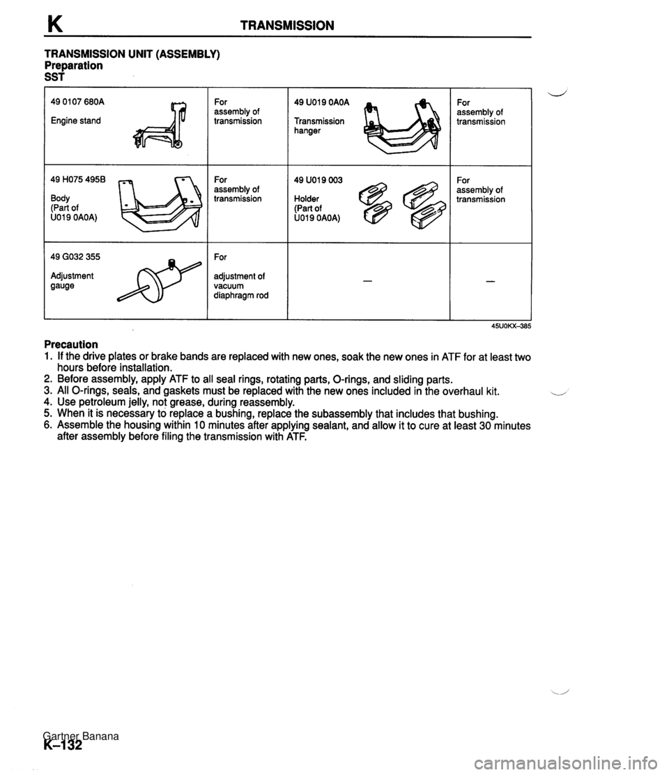 MAZDA MX-5 1994 Workshop Manual K TRANSMISSION TRANSMISSION UNIT (ASSEMBLY) Preparation SST 49 01 07 680A Engine stand 49 H075 4958 Body (Part of U019 OAOA) 49 GO32 355 Adjustment gauge For assembly of transmission For assembly of t MAZDA MX-5 1994 Workshop Manual K TRANSMISSION TRANSMISSION UNIT (ASSEMBLY) Preparation SST 49 01 07 680A Engine stand 49 H075 4958 Body (Part of U019 OAOA) 49 GO32 355 Adjustment gauge For assembly of transmission For assembly of t