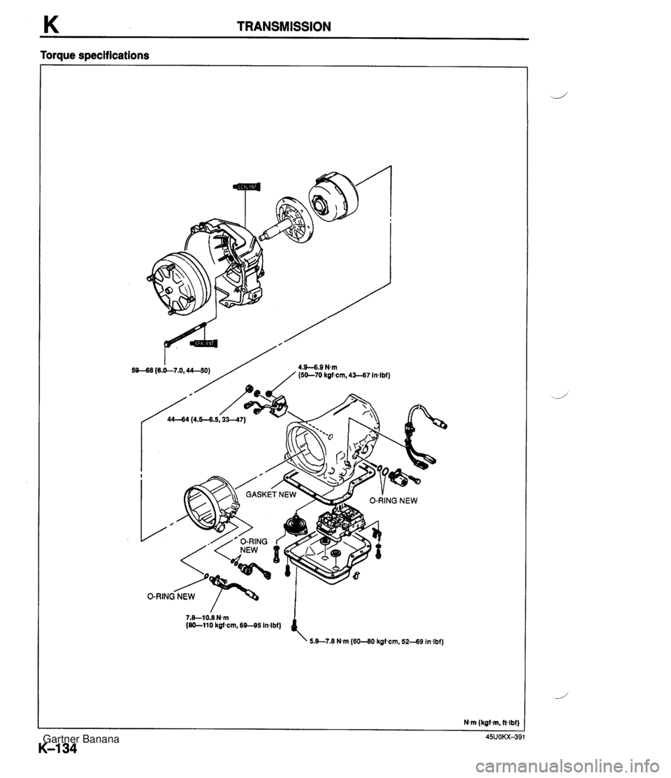 MAZDA MX-5 1994  Workshop Manual K TRANSMISSION Torque specifications 7.8--10.8 Nm (60-110 kgfcm, 69-45 in4bf) 5.9-7.8 Nm (60-40 kgfcm, 52-69 in4bf)  Gartner Banana  
