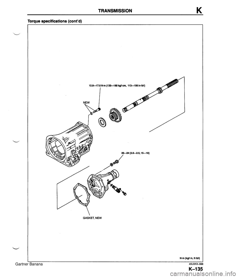 MAZDA MX-5 1994  Workshop Manual TRANSMISSION K Torque specifications (contd) GASKET, NEW  Gartner Banana  