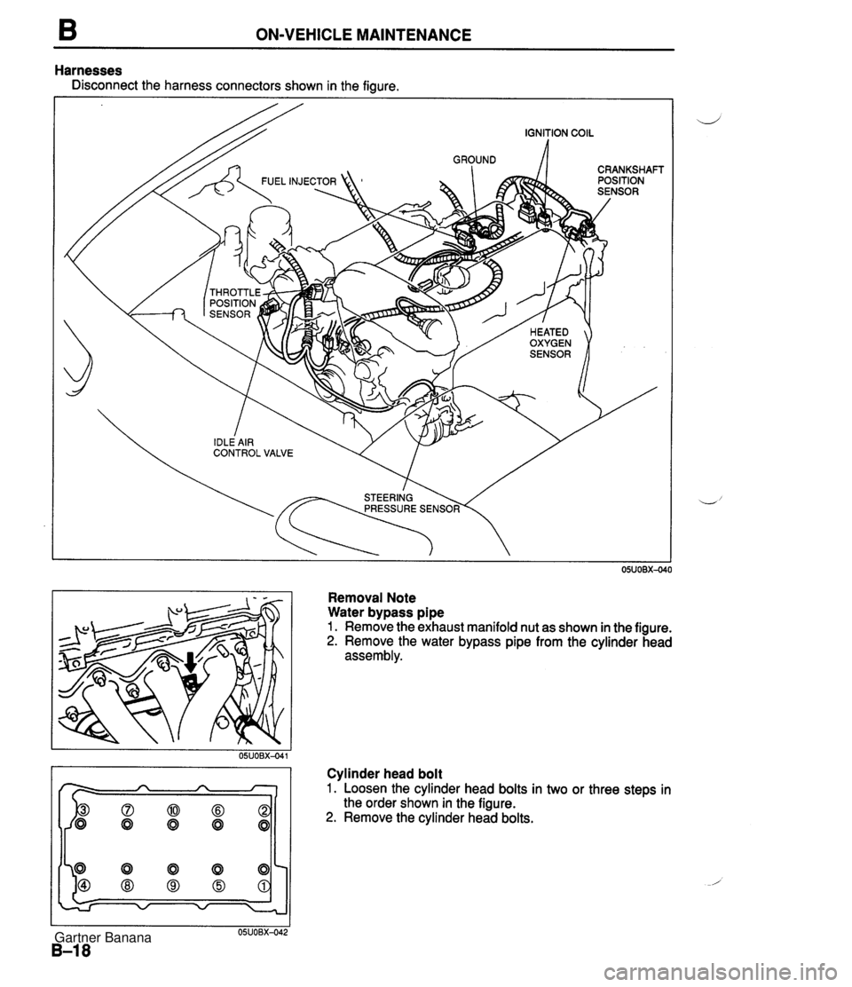 MAZDA MX-5 1994 Repair Manual ON-VEHICLE MAINTENANCE Harnesses Disconnect the harness connectors shown in the figure. Removal Note Water bypass pipe 1. Remove the exhaust manifold nut as shown in the figure. 2. Remove the water by MAZDA MX-5 1994 Repair Manual ON-VEHICLE MAINTENANCE Harnesses Disconnect the harness connectors shown in the figure. Removal Note Water bypass pipe 1. Remove the exhaust manifold nut as shown in the figure. 2. Remove the water by