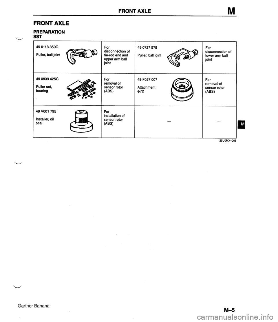 MAZDA MX-5 1994 Workshop Manual FRONT AXLE M FRONT AXLE PREPARATION SST 49 01 18 850C Puller, ball joint 49 VOOl 795 For installation of Installer, oil sensor rotor seal (AW 49 0839 425C Puller set, bearing For disconnection of lowe MAZDA MX-5 1994 Workshop Manual FRONT AXLE M FRONT AXLE PREPARATION SST 49 01 18 850C Puller, ball joint 49 VOOl 795 For installation of Installer, oil sensor rotor seal (AW 49 0839 425C Puller set, bearing For disconnection of lowe