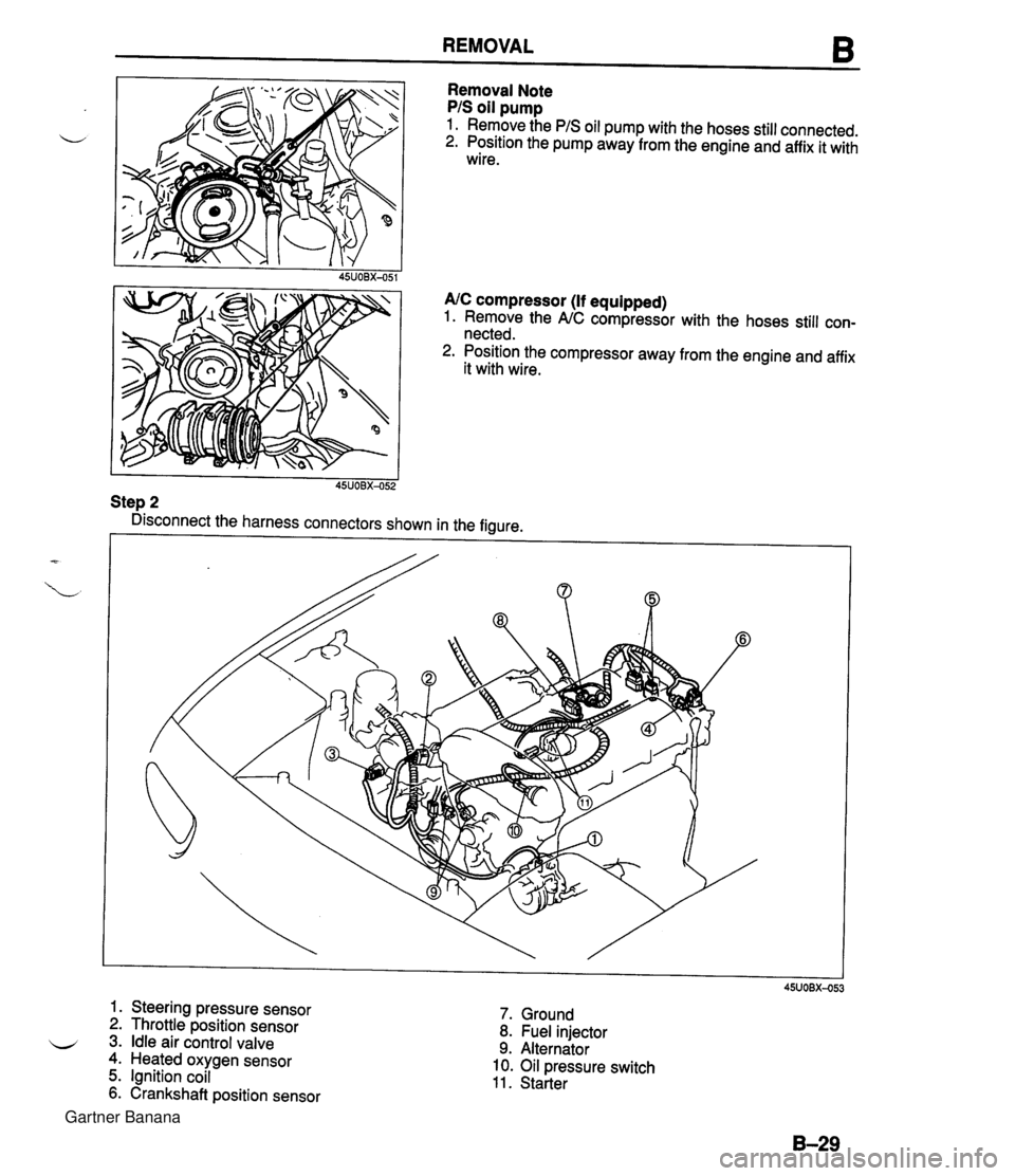 MAZDA MX-5 1994  Workshop Manual REMOVAL 6 Removal Note PIS oil pump 1. Remove the PIS oil pump with the hoses still connected. 2. Position the pump away from the engine and affix it with wire. 45UOBX-051 AIC compressor (If equipped)