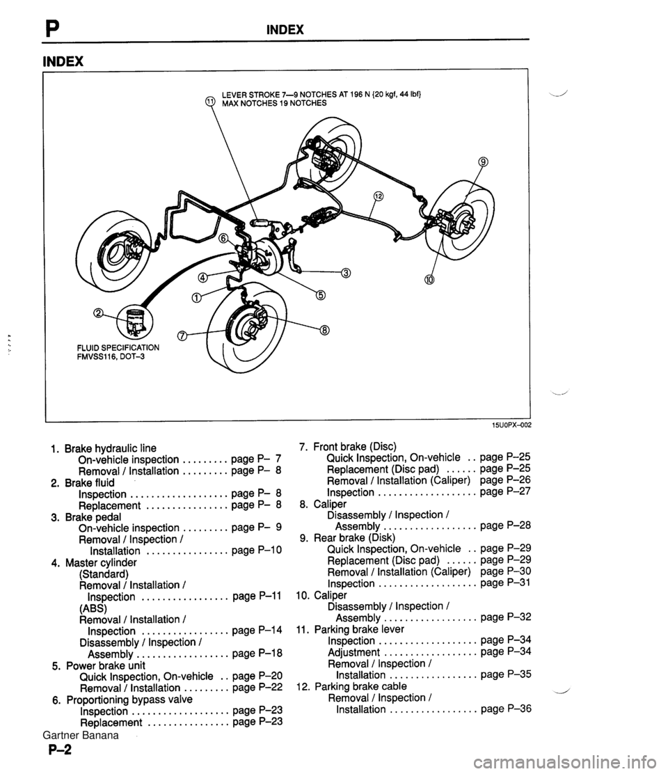 MAZDA MX-5 1994  Workshop Manual INDEX INDEX LEVER STROKE 7-9 NOTCHES AT 196 N (20 kgf, 44 IbfJ 9 MAX NOTCHES 19 NOTCHES FLUID SPECIFICATION FMVSS116, DOT-3 1. Brake hydraulic line 7. Front brake (Disc) On-vehicle inspection ........