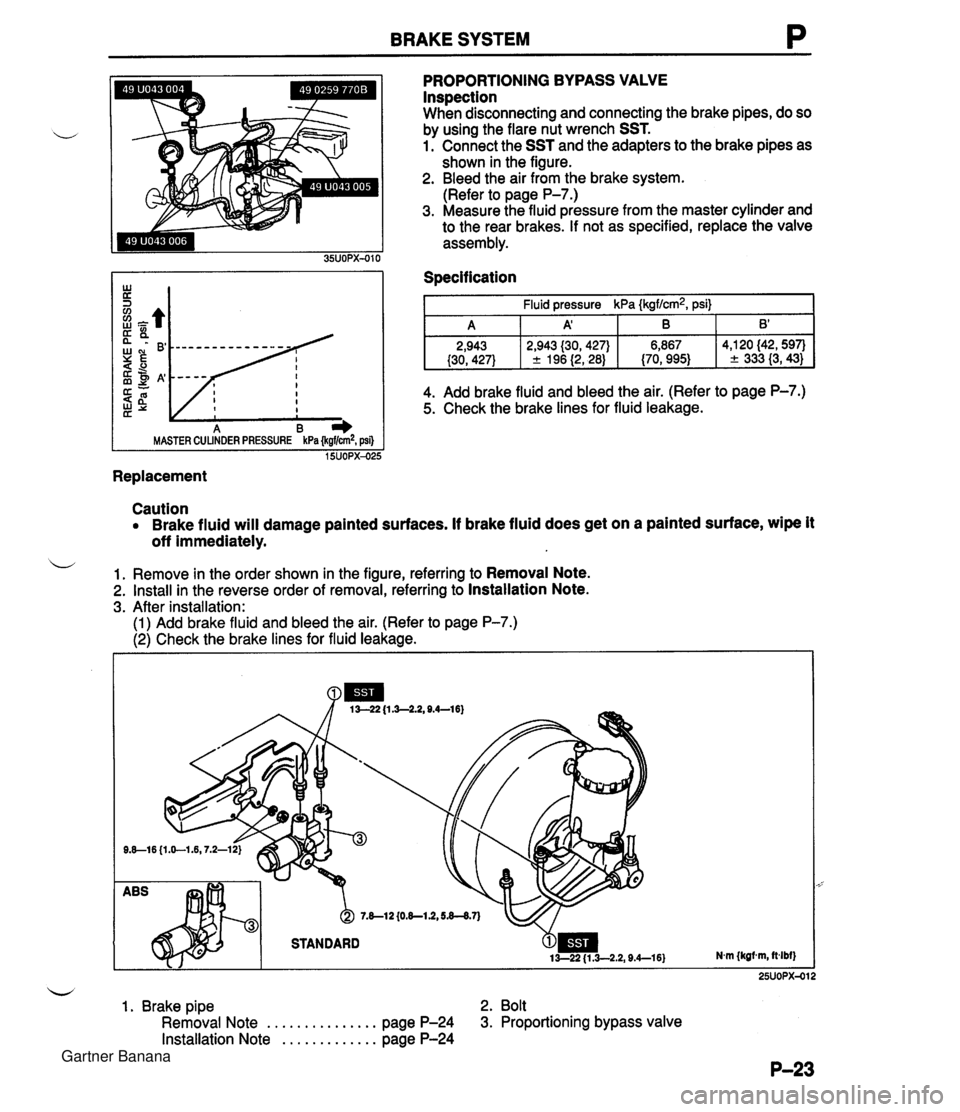 MAZDA MX-5 1994  Workshop Manual BRAKE SYSTEM P MASTER CUUNDER PRESSURE kPa #gflcm2, psi) 15UOPX-025 Replacement PROPORTIONING BYPASS VALVE Inspection When disconnecting and connecting the brake pipes, do so by using the flare nut wr