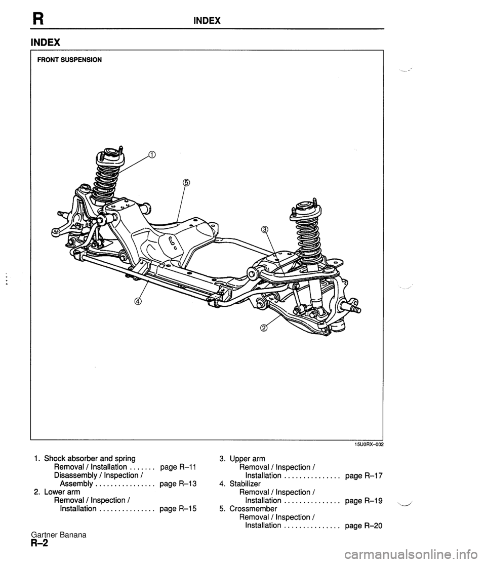 MAZDA MX-5 1994 Workshop Manual INDEX INDEX FRONT SUSPENSION 1. Shock absorber and spring 3. Upper arm ....... Removal / Installation page R-1 1 Removal / Inspection / ............... Disassembly / Inspection / Installation page R-1 MAZDA MX-5 1994 Workshop Manual INDEX INDEX FRONT SUSPENSION 1. Shock absorber and spring 3. Upper arm ....... Removal / Installation page R-1 1 Removal / Inspection / ............... Disassembly / Inspection / Installation page R-1